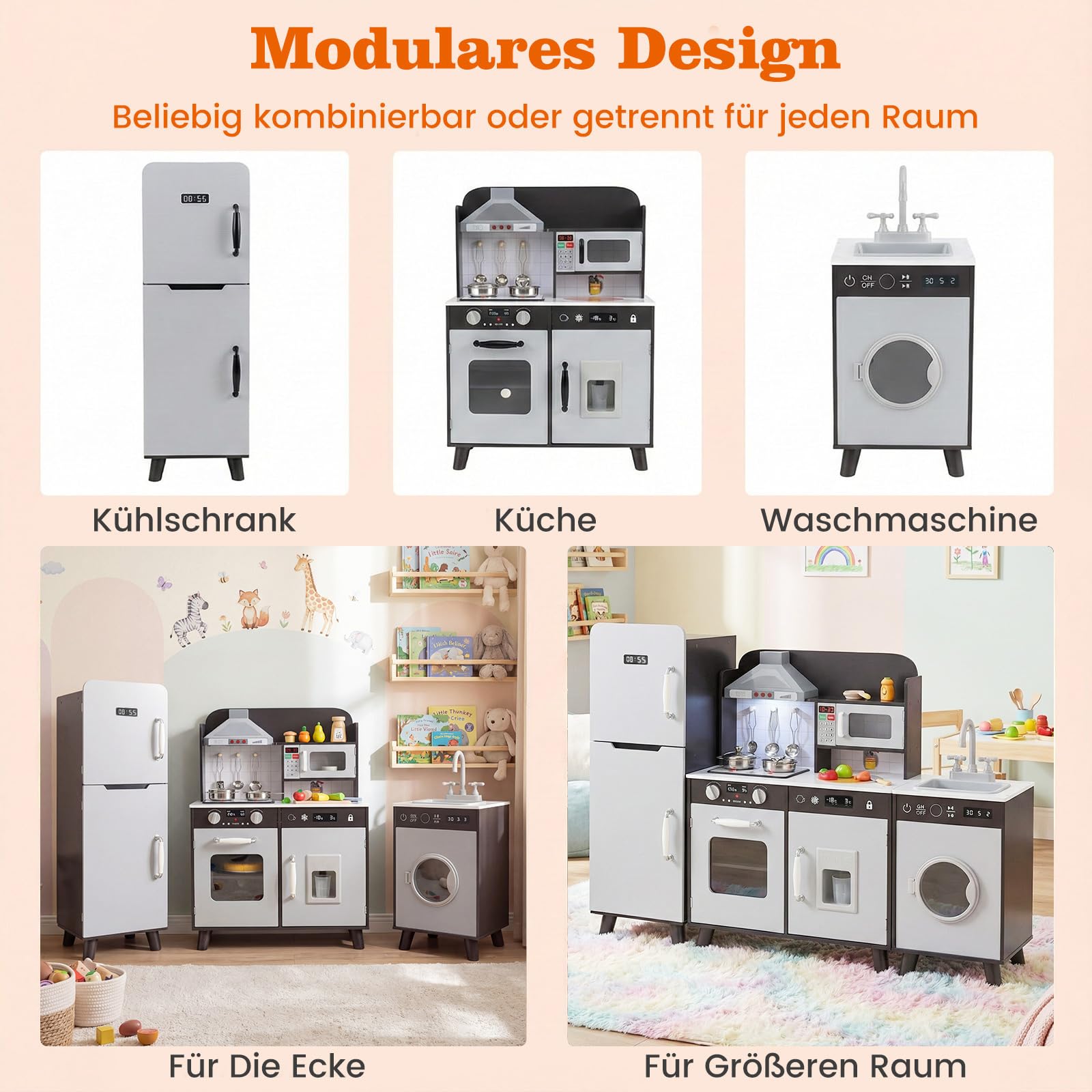 GOPLUS Kuchnia dziecięca, kuchnia do zabawy z pralką, kostkarką do lodu, kuchenką mikrofalową i akcesoriami, z kuchenką, zlewozmywakiem, piekarnikiem, światłem i dźwiękiem, kuchnia zabawkowa dla
