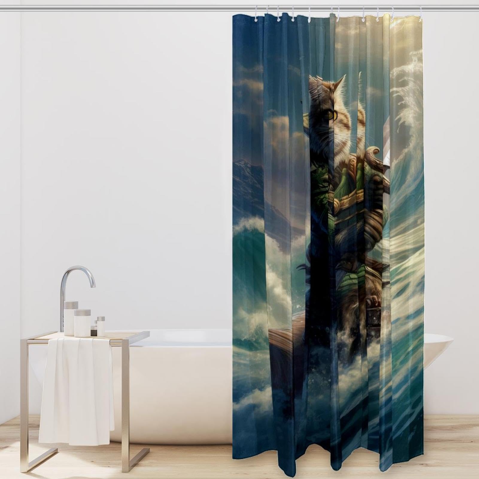 Duschvorhang „Brave Cat“ – Wasserdichtes Polyester Mit Ukiyo-e Katzen & Wellen-Motiv, Inkl. 12 Haken – 183x183 Cm