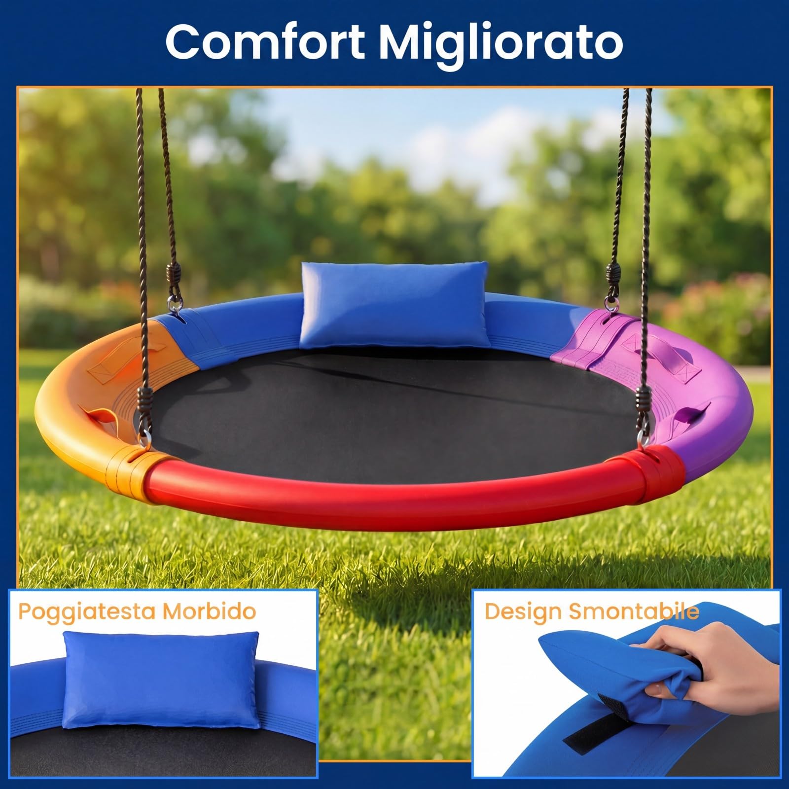 COSTWAY Altalena da Giardino per Bambini 120 cm, Sedia Sospesa Giardino con Telaio in Metallo, Poggiatesta Rimovibile, Lunghezza Regolabile, Portata 150 kg, per Cortile Giardino