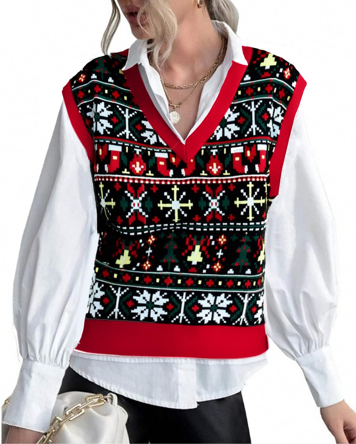 ASTANFY Ugly Christmas Sweater Vest Women V Neck Christmas Santa Vest Vintage Holiday Sweater Sleeveless