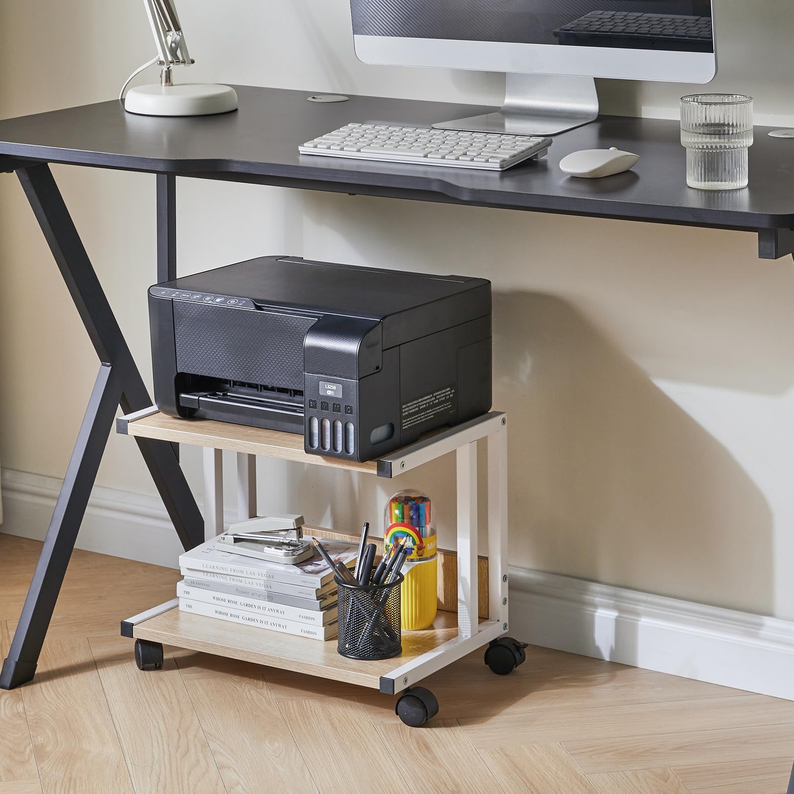 IBUYKE TLJ007R Support d'imprimante à 2 Niveaux pour imprimante, Bureau Mobile avec 4 Roues, pour imprimante, fax, Bureau à Domicile TLJ007R
