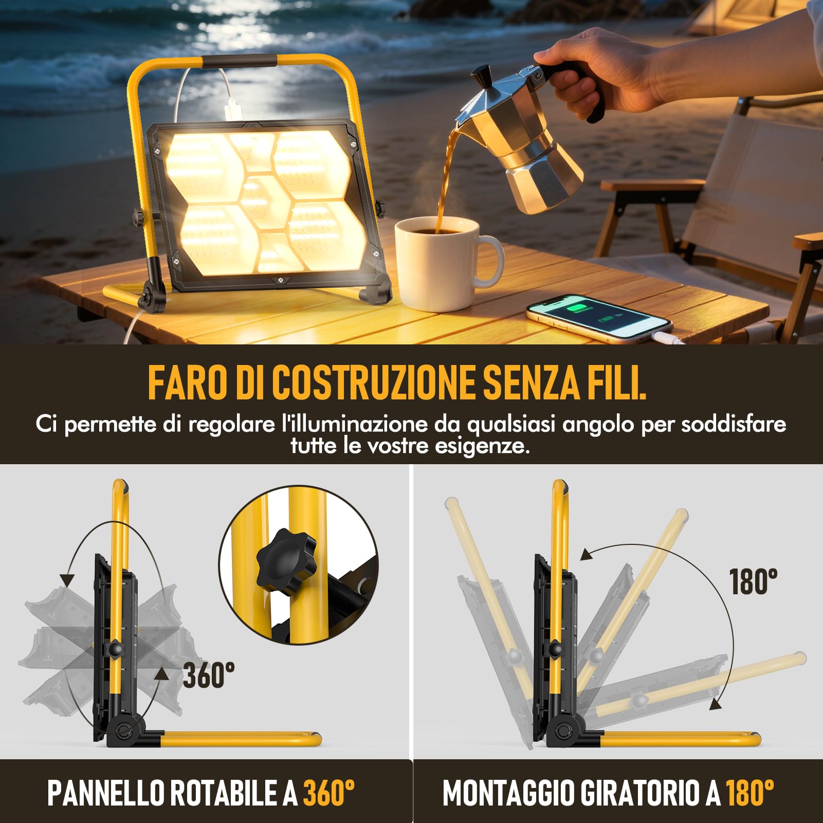 Viugreum150W-Faro Led Ricaricabile, 15000LM Faretto a Batteria con supporto, pannello solare/4 modalità di luce, IP66 impermeabile Faretto LED da costruzione Portatile perofficina, cantiere, campeggio