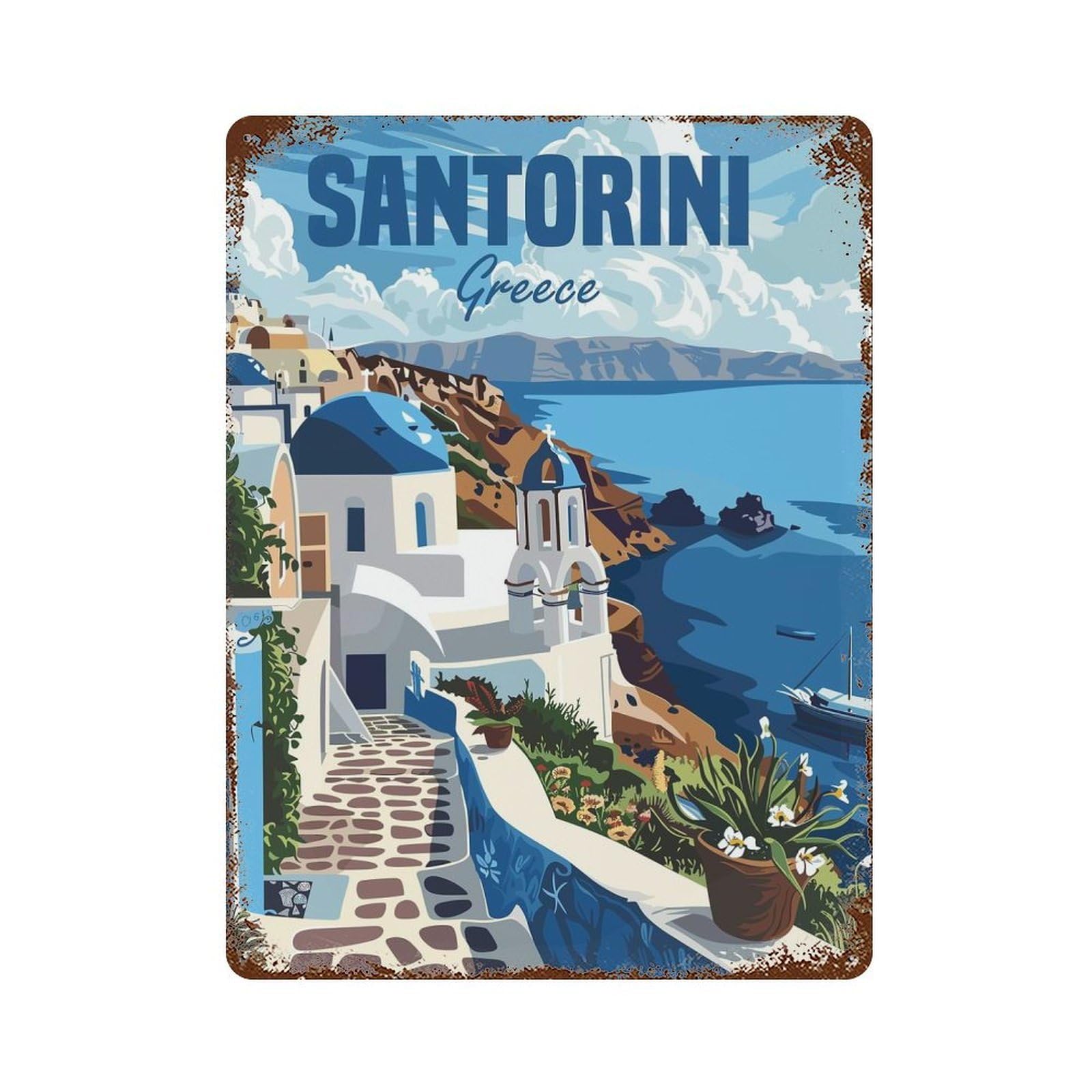 Santorini Greece Weathered Tin Sign 15.7"x11.8", Shabby Chic Decor for Garage, Pub Or Kitchen