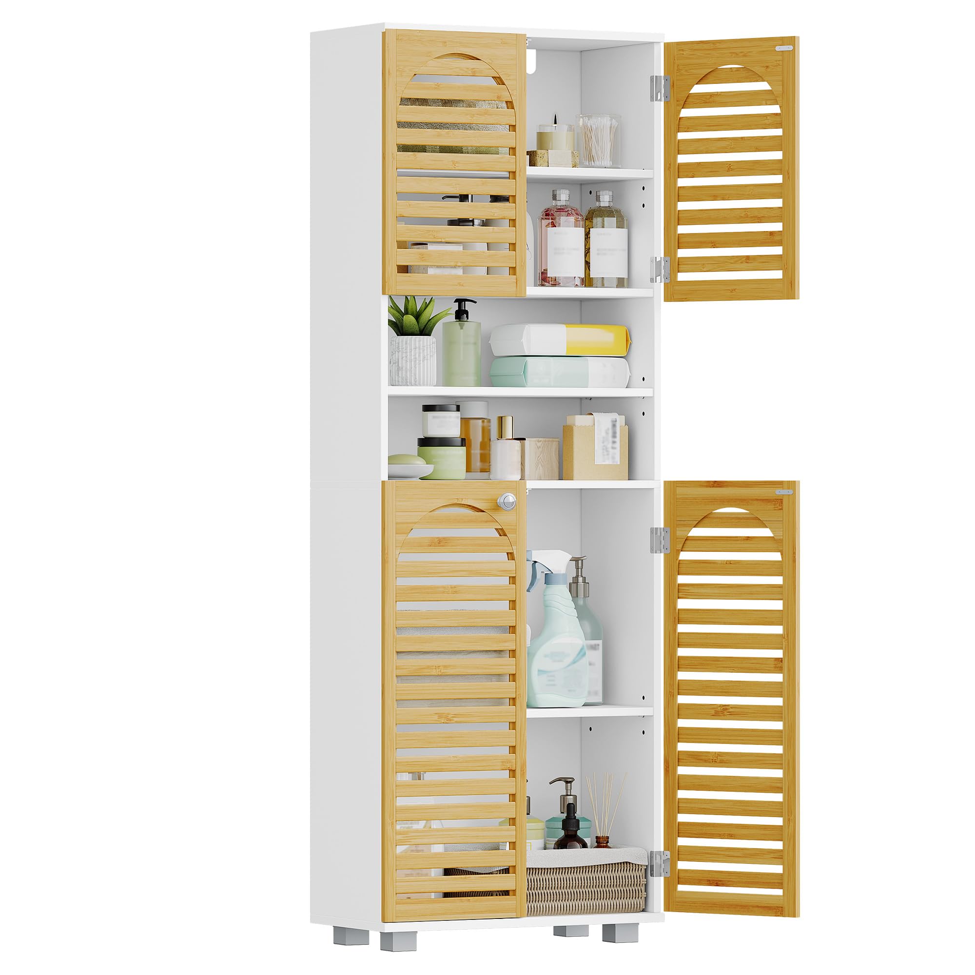 Hzuaneri Mueble Baño, Armario Alto Baño, Bambú, 4 Puertas, 2 Espacio Abierto, Estantes Ajustables, Mueble Auxiliar de Almacenaje para Salón, 30 x 60 x 171,5 cm, Blanco SC17103X