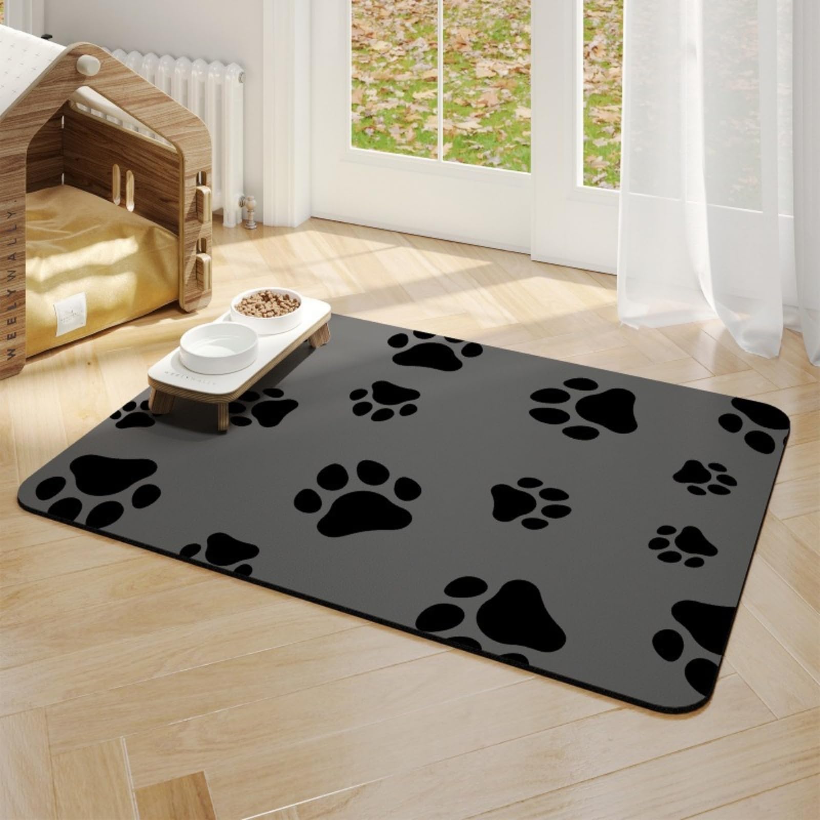 Dog Food Mat, Pet Feeding Mat Diatomaceous Earth Non-slip Dog Bowl Mat, Absorbent and Quick Drying Pet Food Mats, Dogs and Cat Placemats for Food and Water (Black, 40 * 60 cm)