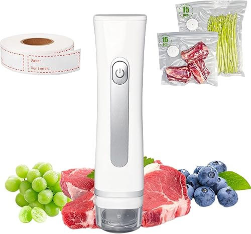 Sellador al vacío de mano con tanque de agua visible, 30 bolsas reutilizables al vacío y 150 etiquetas, dispositivo compacto de conservación de