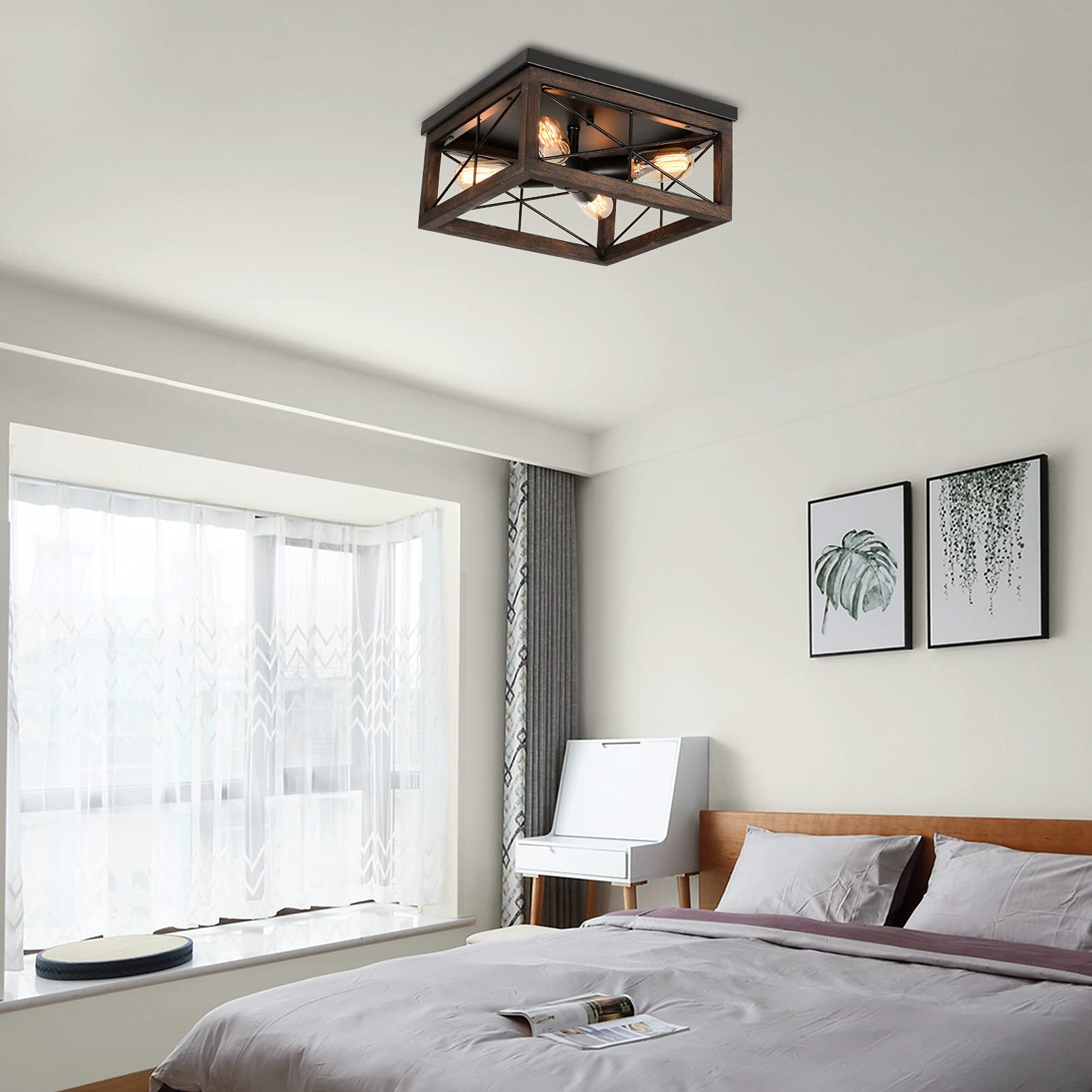 veilond 4-Light Farmhouse Flush Mount Ceiling Light, Black Rustic Ceiling Light Fixture, Wood Kitchen Ceiling Lighting with E26 Base, Vintage Ceiling Lamp for Hallway Entryway Laundry Bedroom Farm