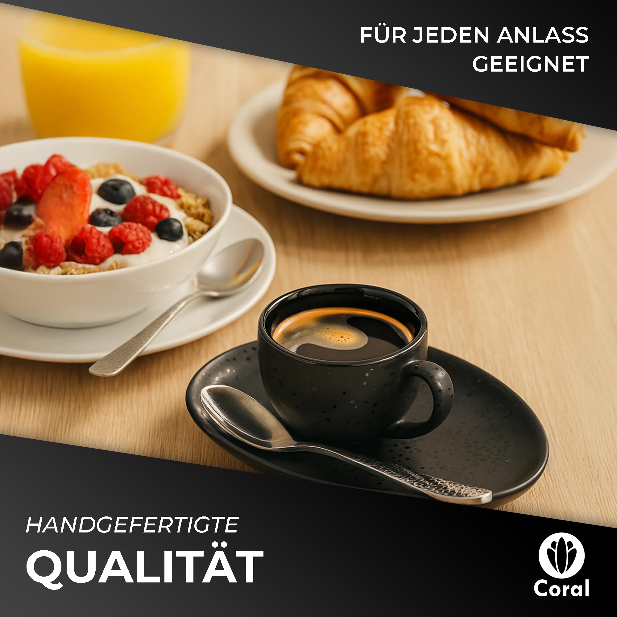Coral - 4 tazas de espresso de 90 ml con asa, platillos y cucharas (juego) de cerámica negra - 4 tazas de café con platillo de pared gruesa - tazas de café (90 ml)