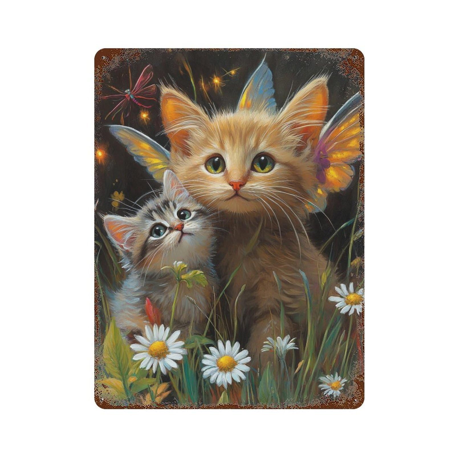 Fairy Kittens in Flowers Vintage Metal Tin Sign 15.7"x11.8", Ideal for Living Room, Hallway And Home Decor