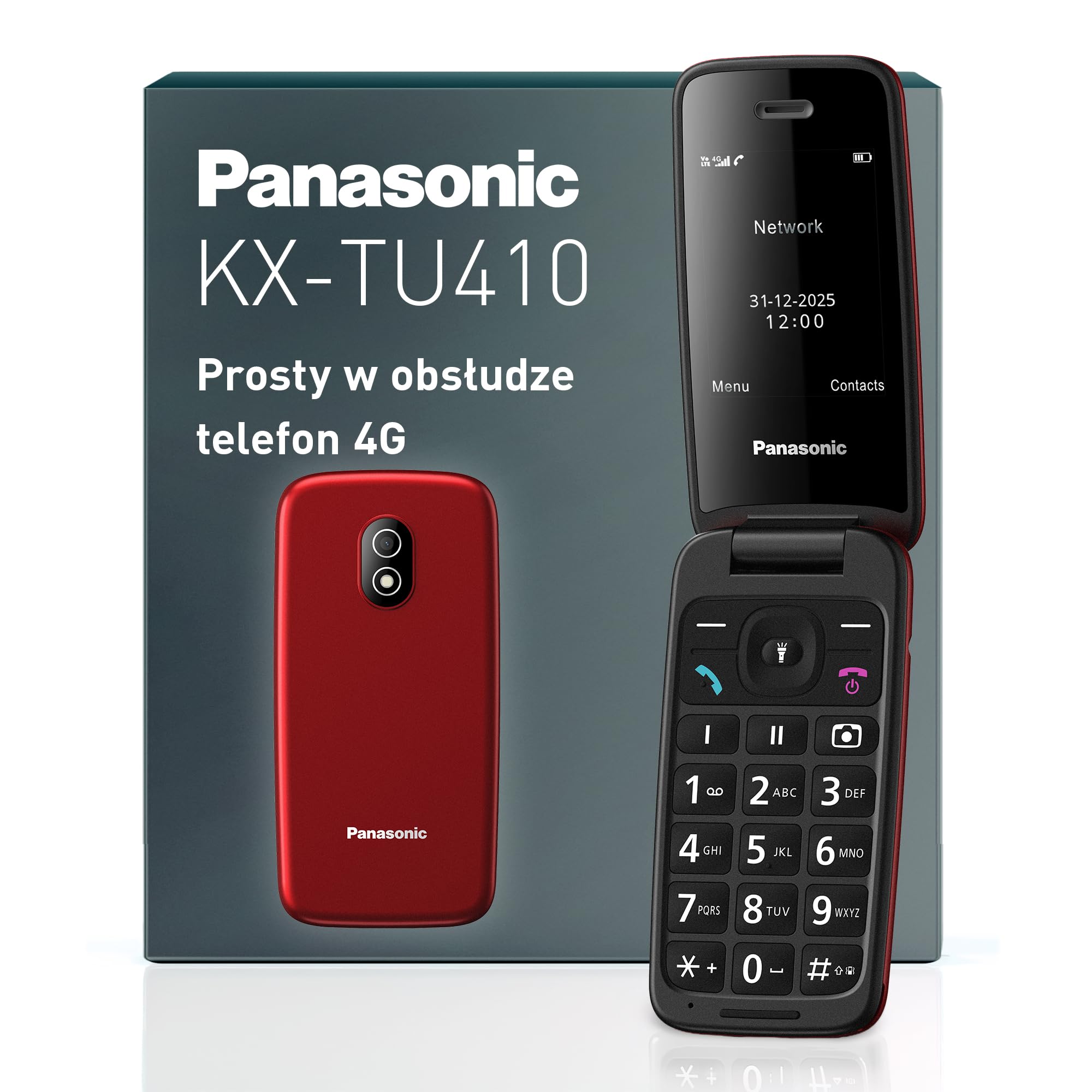 Panasonic KX-TU410 Telefon Komórkowy 4G Składany 2,4 Cala, Przycisk SOS, Bluetooth 5.0, HAC, Głośnik, IP44, Czerwony