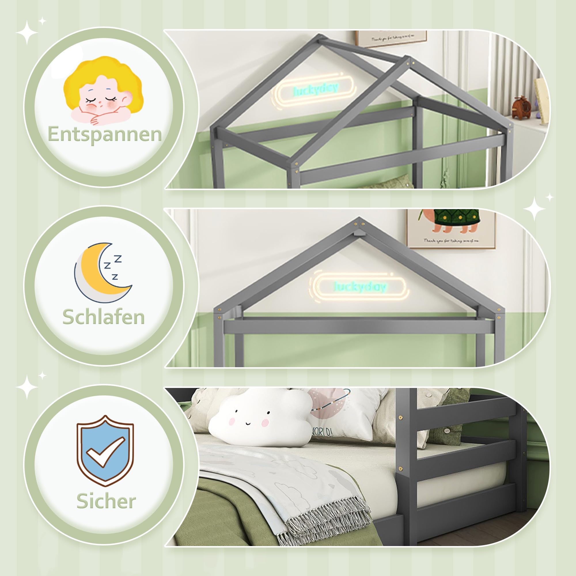 Kinderbett 140x200 cm, Bodenbett mit Hausform, Bettgestell mit Lattenrost | Ohne Matratze, Holzbett Bett für Kinder Jugendliche Kiefernholz+MDF Grau