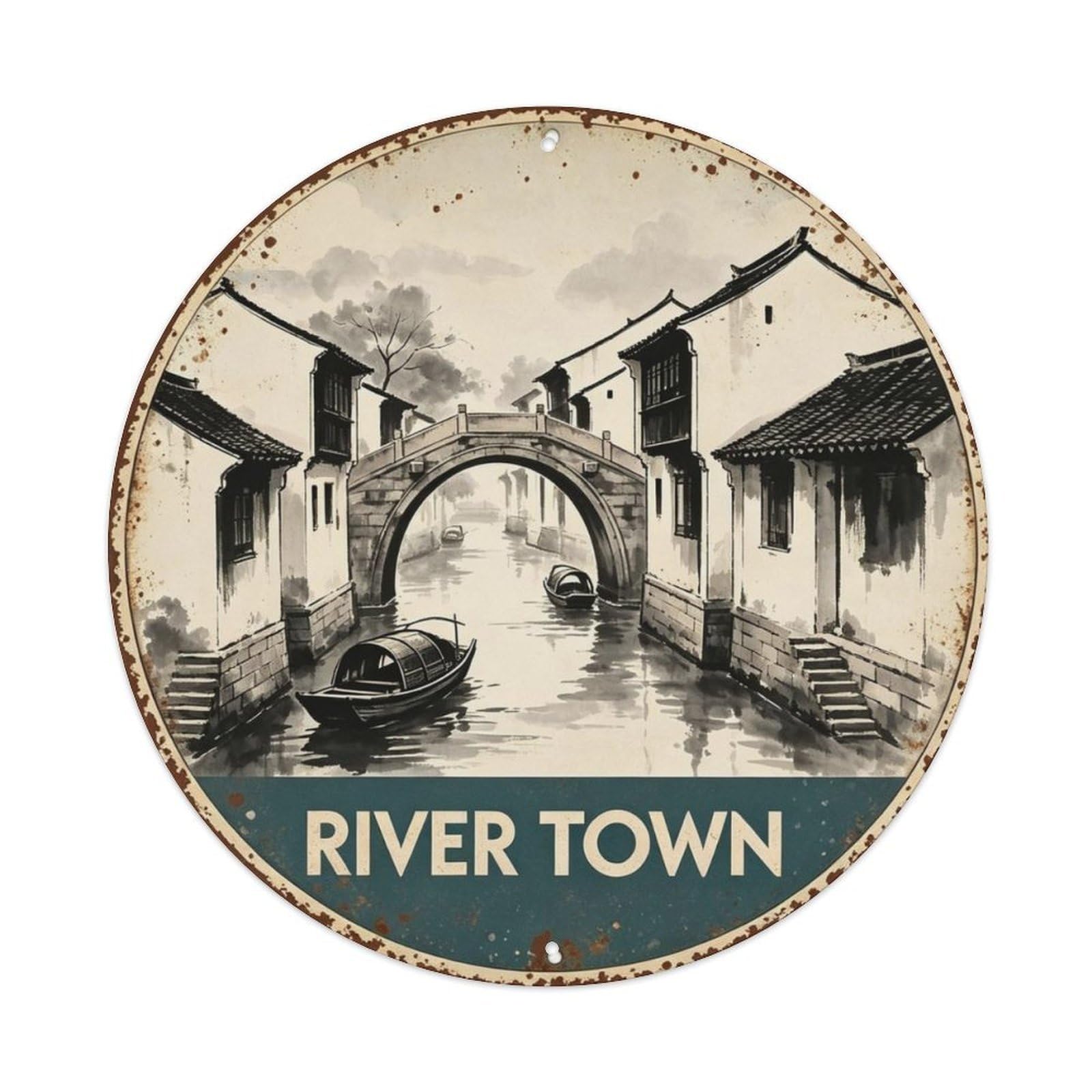 Chinese River Town Metal Tin Sign Plaque