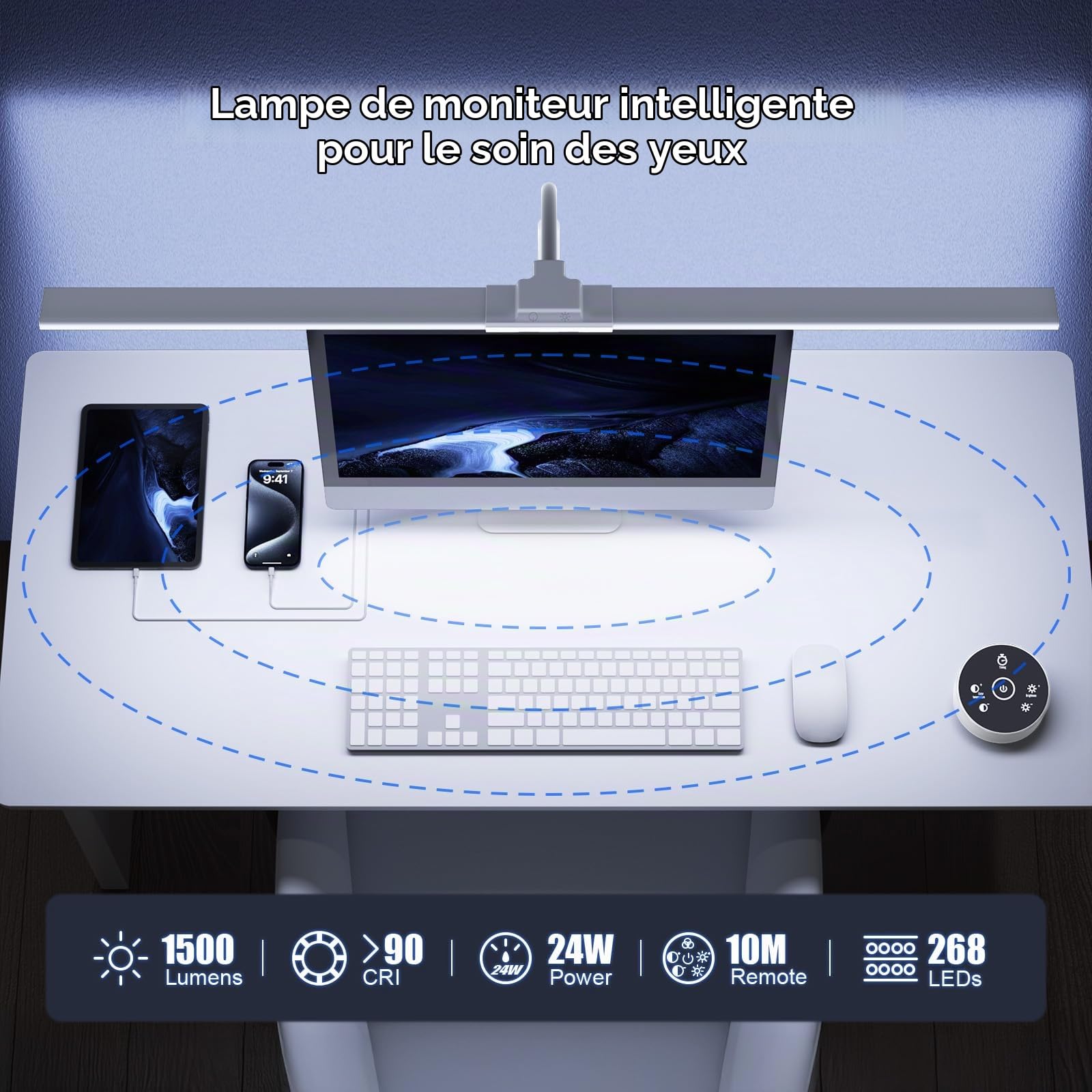 Lampe de Bureau LED 24W avec Pince - 1500LM 80CM Lampe de Lecture à DEL de Cygne avec Télécommande, Port de chargement USB pour Maison et Bureau, Blanc Éclatant