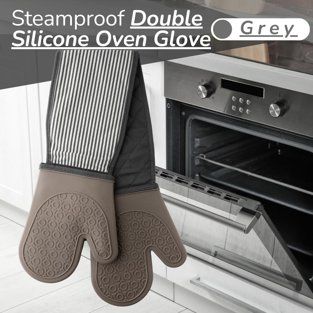 Silicone Double Oven Gloves Grey Stripe Steam Proof, Waterproof Heat Resistant (Upto 250C/480F). Safe From Boiling Water & Hot Oil. Machine Washable, BPA & Phthalate Free. 5 Year Guarantee. - Image 2