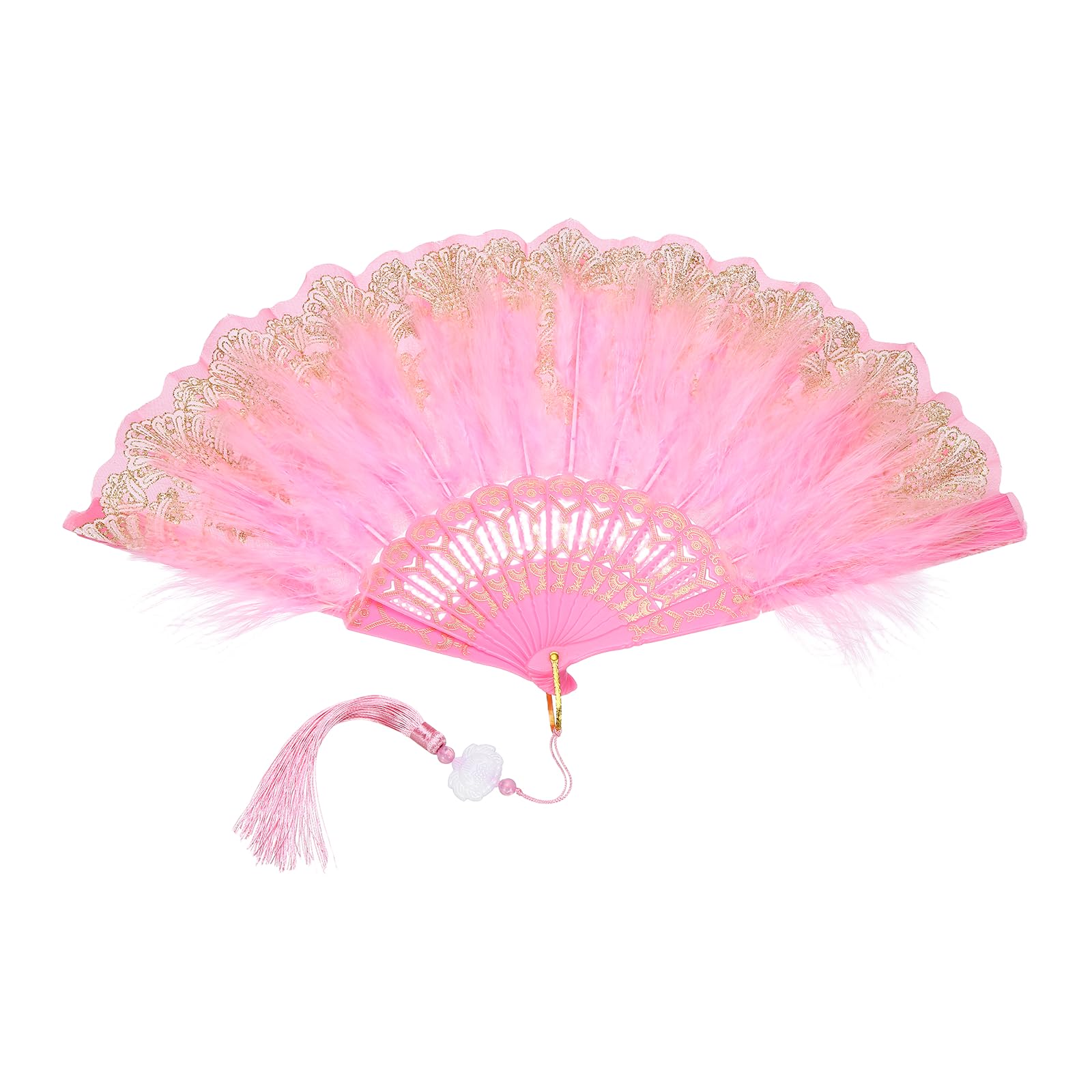 sourcing map 1 Pcs Vintage Folding Fan, Embroidered Flower Marabou Feather Fans 20s Vintage Style Handheld Folding Fan for Dancing Wedding Show Party Tea Party Occasions, Pink(Polyester)