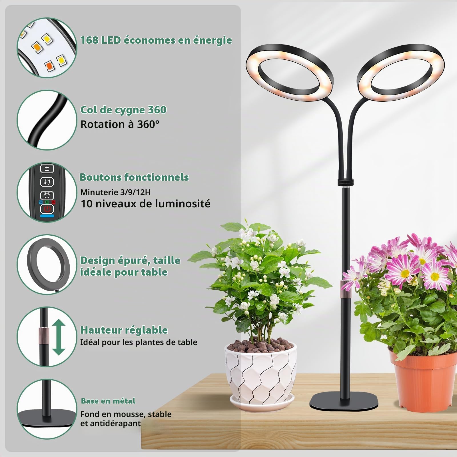 Niello Lampe de Croissance pour Plantes d'Intérieur, Lampe de Bureau LED à Double Tête, Hauteur Réglable, Minuterie Automatique avec 3/9/12 Heures, Idéal pour la Croissance de Petites Plantes
