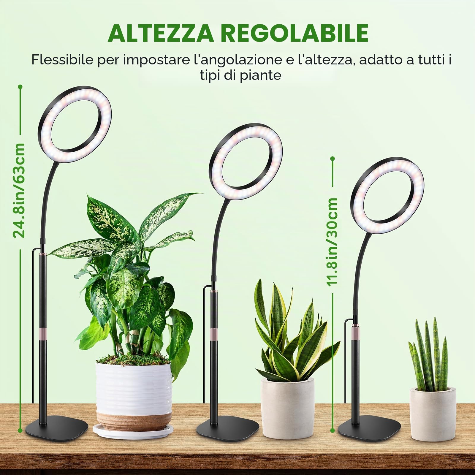 COKOLILA Lampada LED per Piante, Luce per Piante da Interno, Spettro Completo, Timer auto 3/9/12H, Altezza Regolabile 30-63 cm, 3 Modalità, Base Stabile in Metallo, Ideale per Piante da Interno