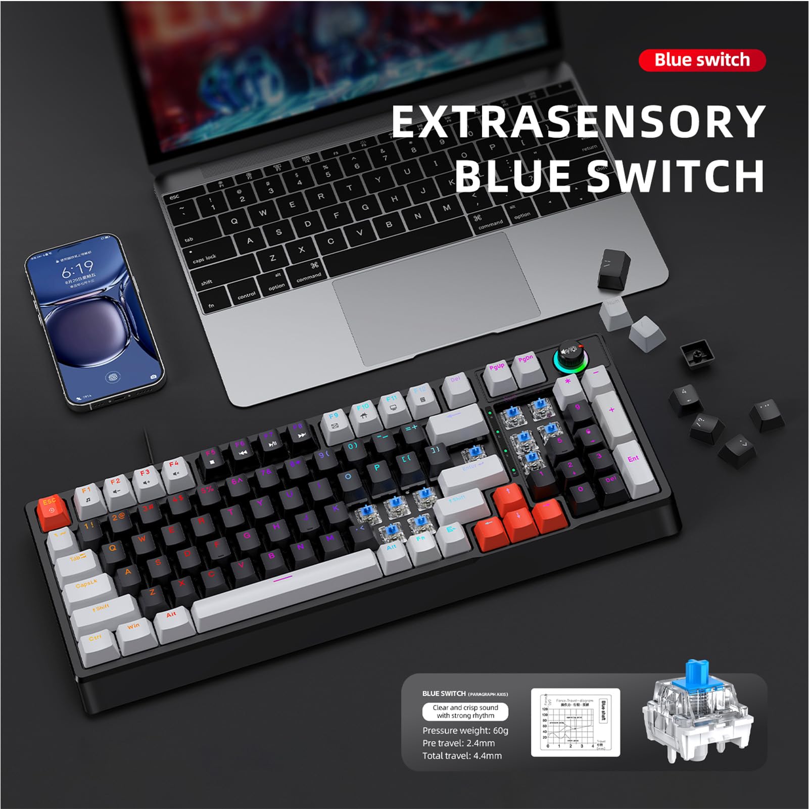 Fabater Tastiera Meccanica T WOLF T50 RGB, 98 Tasti con Switch Blu Sostituibili a Caldo, Illuminazione Dinamica e Manopola Rotante per PC, Computer, Gaming, Digitazione e lavoro. (Grigio Rosso)