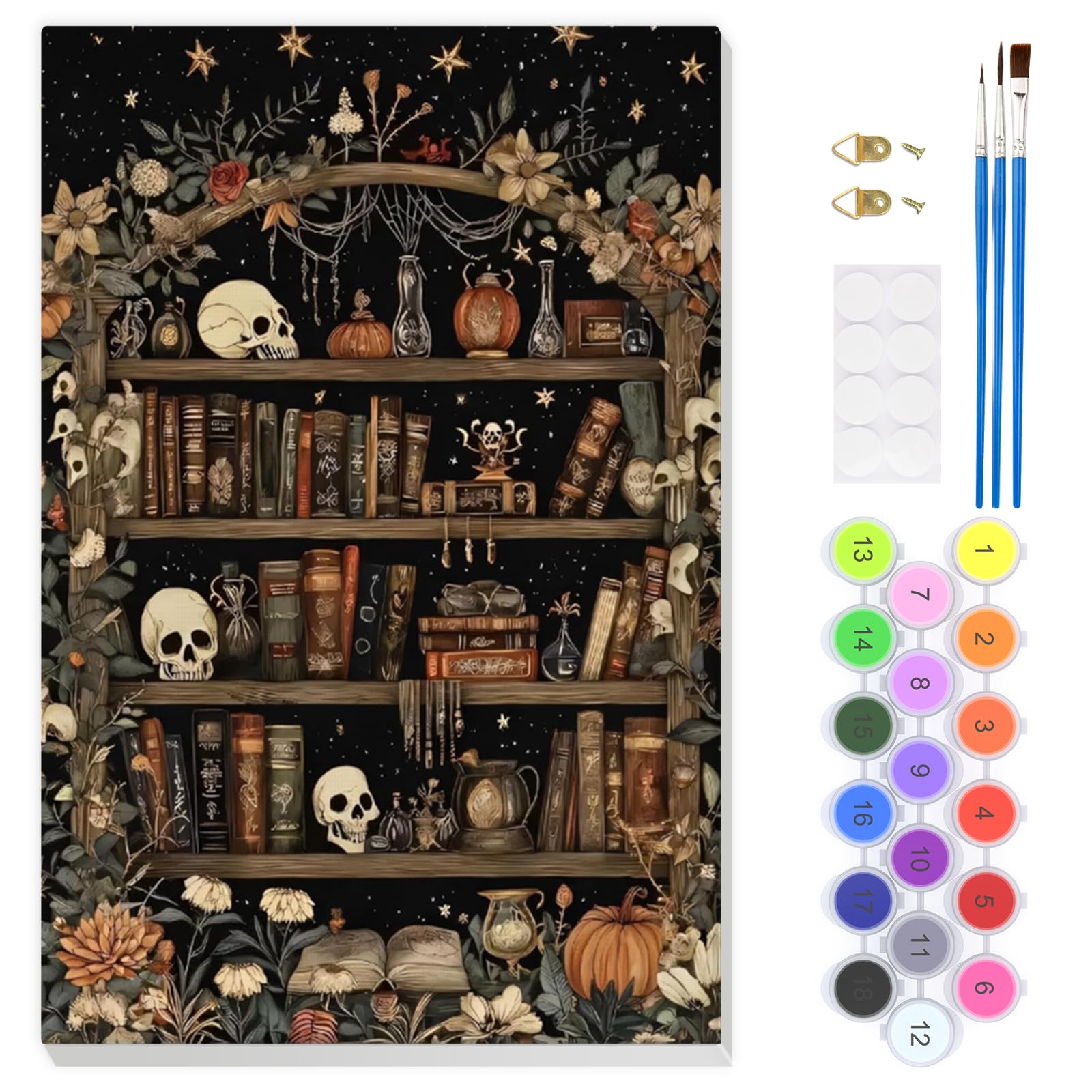 EOBROMD Halloween Paint by Numbers for Adults with Frame, Horror Bookshelf Paint by Numbers Kits, DIY Color Oil Painting Acrylic Easy Painting by Numbers for Gift Home Wall Decor (8x12inch) — image 1