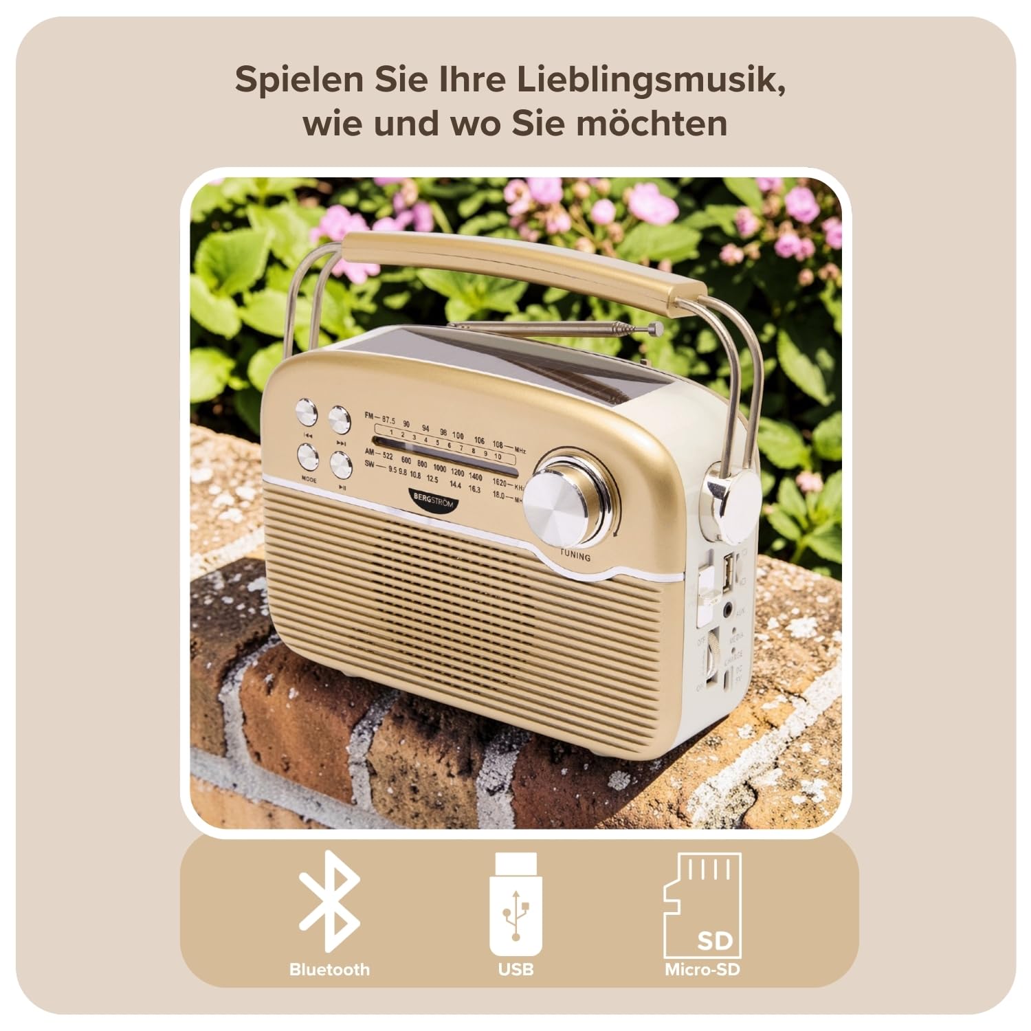 3 PAGEN® tragbares Solar Radio Retro Design – Solar- & Akkubetrieb FM/AM/SW – Bluetooth, USB & Micro-SD – kabellos, kompakt & flexibel - wiederaufladbar