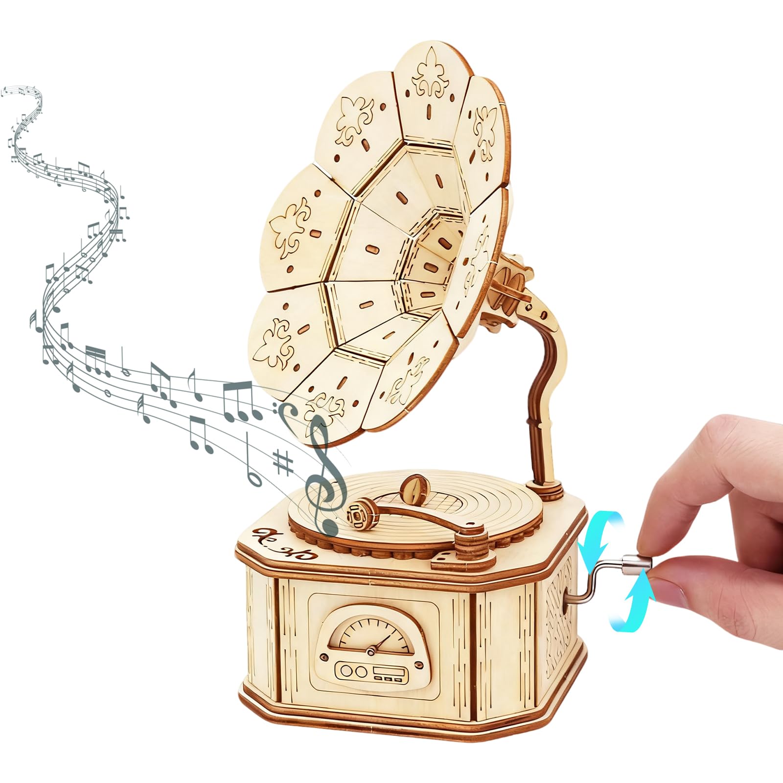 Aartner 3D Wooden Puzzle Hand Cranked Gramophone Phonograph Model,Puzzle Classic Gramophone Wooden Adult Model Kit for Men Women Gift Idea