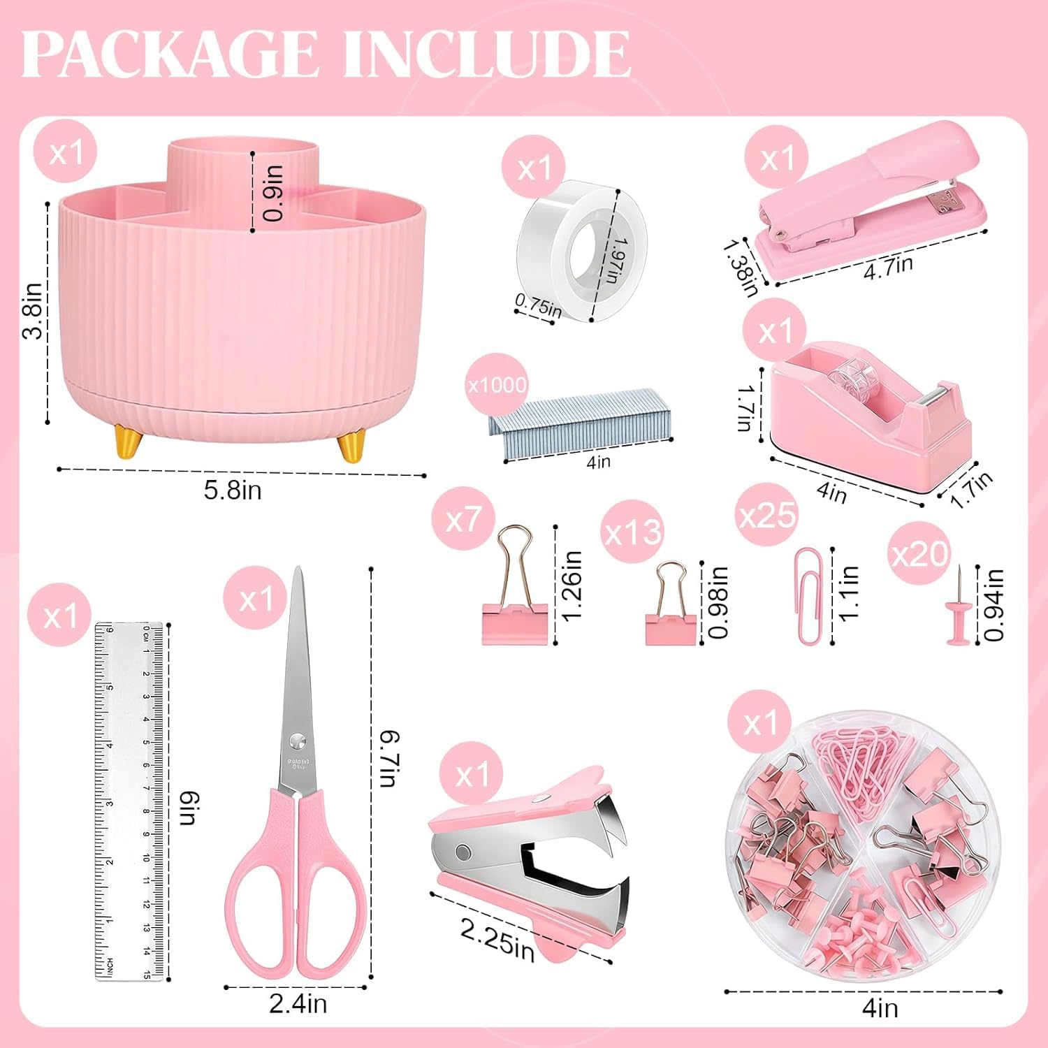 Pink Stationery Set,12 in 1 Office School Supplies Stapler & Staples Set, Rotating Pencil Holder for Desk, Staple Remover, Tape Dispenser, Tape Refills, Binder Paper Clips Kit, Scissor - Image 3