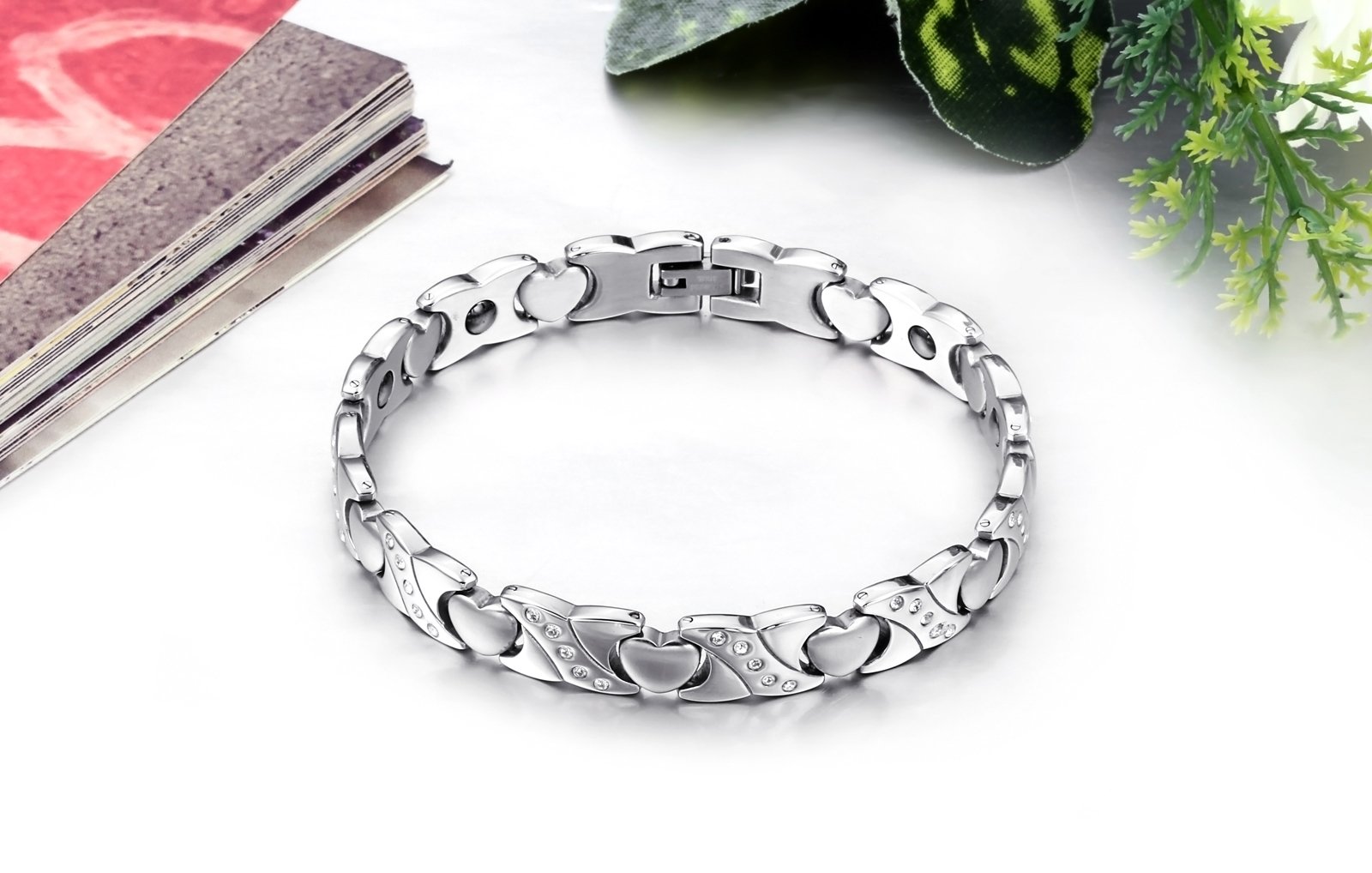 JewelryWe Schmuck Magnet Therapie Kugel Perle Perlen Edelstahl Armband Link Handgelenk Kette Silber Damen