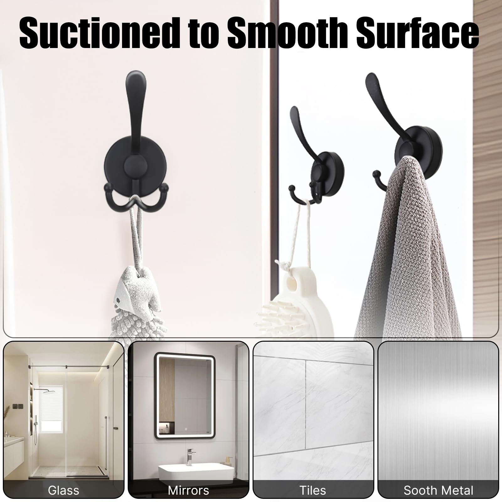 Ganchos con ventosa para ducha, paquete de 4 ganchos para toallas para baño, soporte extraíble de acero inoxidable, ganchos para batas, ganchos para puerta, vidrio, azulejos, espejos, impermeables y