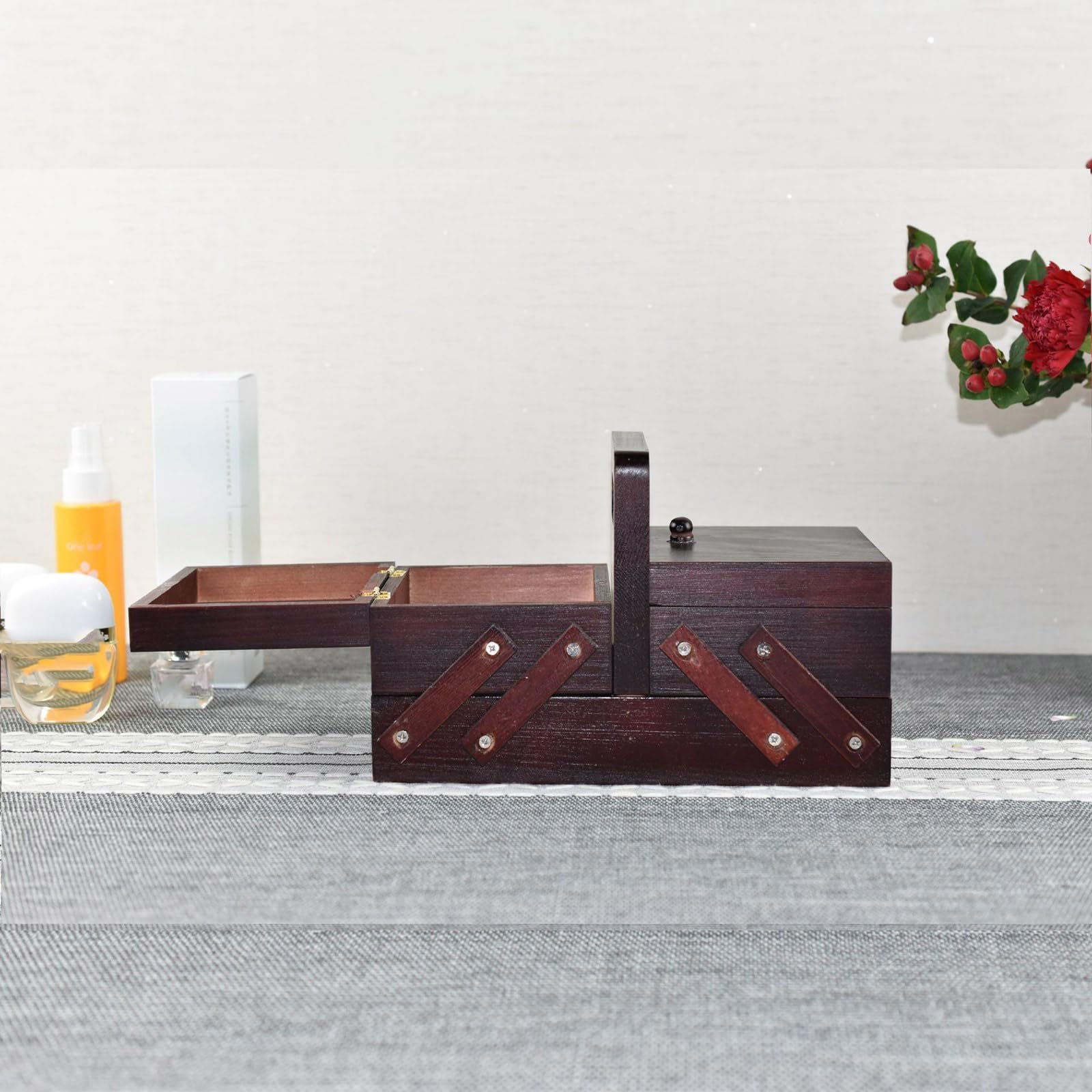 Caja organizadora de costura plegable de madera, caja de almacenamiento de herramientas de costura, organizadores de suministros de punto para bordar suministros de punto