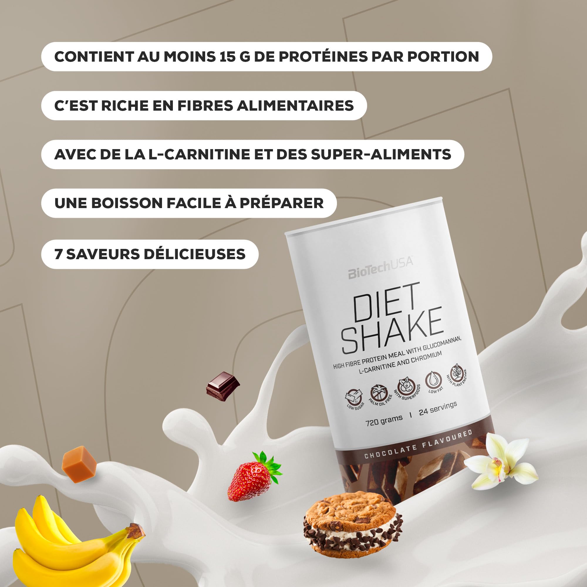 BioTechUSA Diet Shake | hyperprotéiné, pauvre en graisse | avec super-aliments, chrome, glucomannane, L-carnitine | faible taux de sucre, sans huile de palme, 0,72 kg, banane_