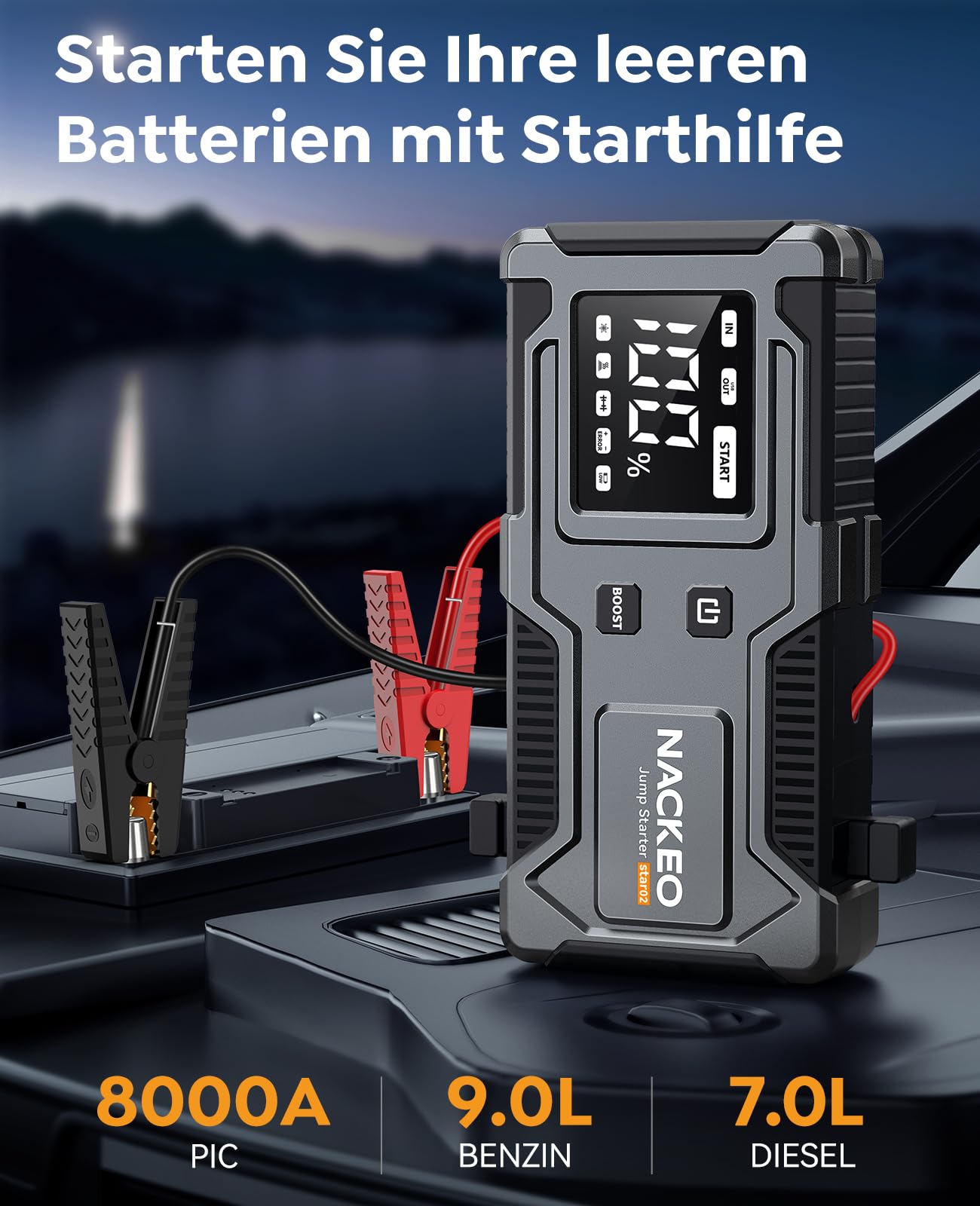 Starthilfe Powerbank 8000A,12V Batterie Booster (bis zu 9L Benzin und 7L Diesel), Auto Starthilfe mit integriertem Starthilfekabel, LED-Lampe & Display – ideal für SUV, Motorräder, Rasenmäher
