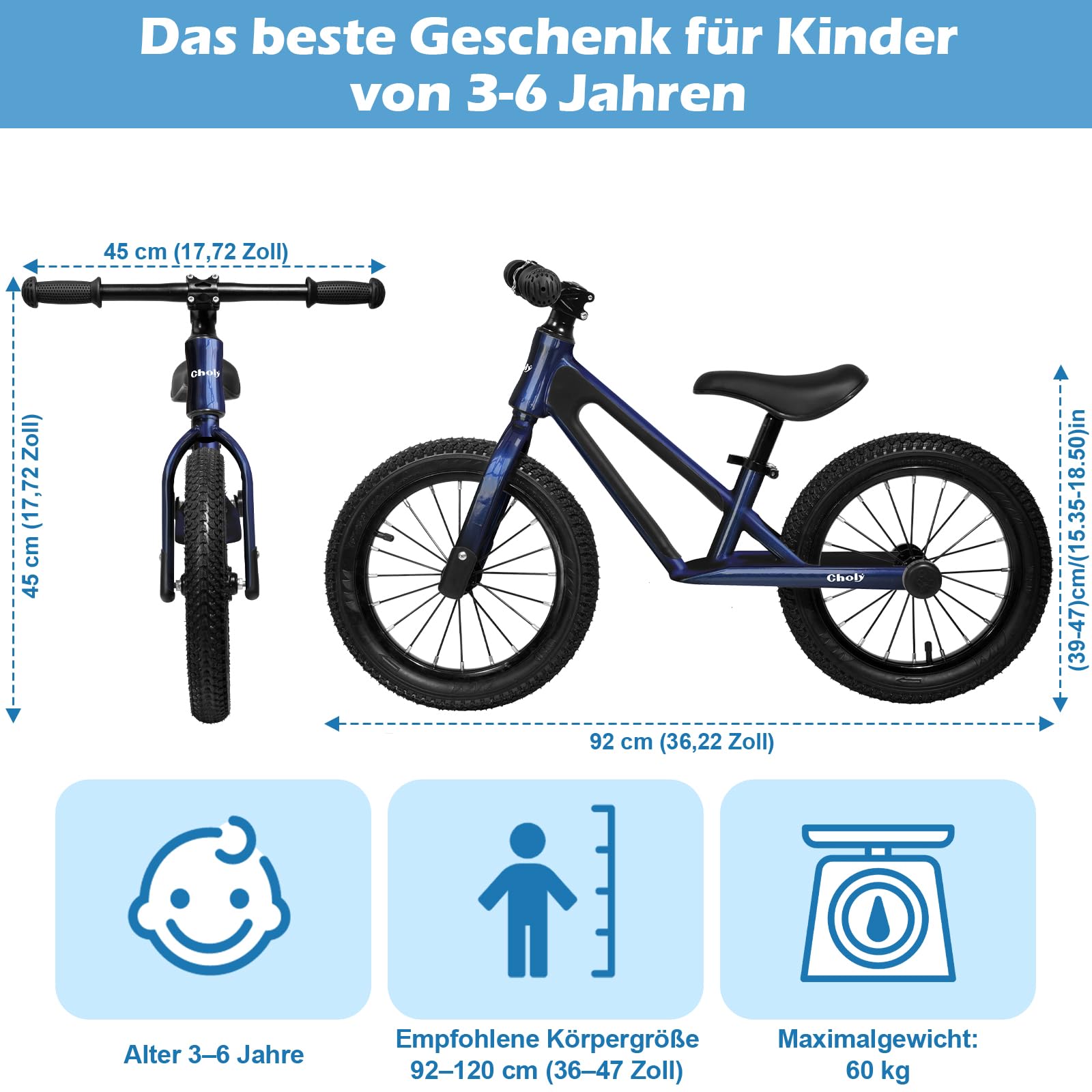 CHOLY 14 Zoll Laufrad für Kinder von 3-6 Jahren, Pedalfreies Kinderfahrrad | verstellbarem Sitz, Luftreifen und Rahmen aus Magnesiumlegierung, leichtes Trainingsfahrrad für Kinder