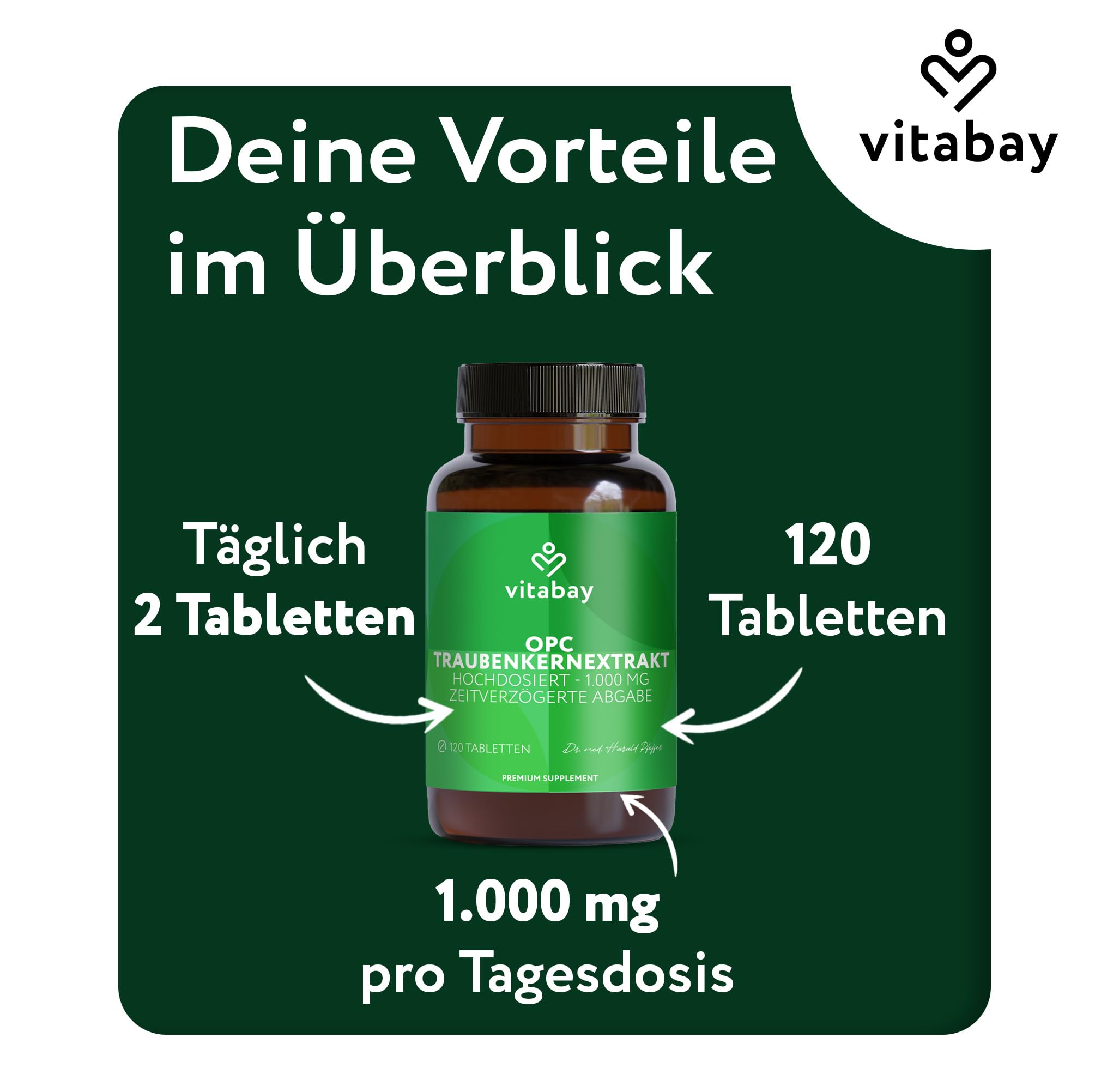 Vitabay OPC Traubenkernextrakt 1000 mg Hochdosiert - 120 Vegane Kapseln Time Released - Traubenkernextrakt mit Polyphenole - natürliche Pflanzenstoffe ohne unerwünschte Zusatzstoffe - Laborgeprüft