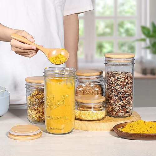 Miniatura 6 de 4 Pack Wide Mouth Bamboo Mason Jar Lids, Wooden Ball Jar Lids with Airtight Silicone Seal, Perfect for Dry food Storage.