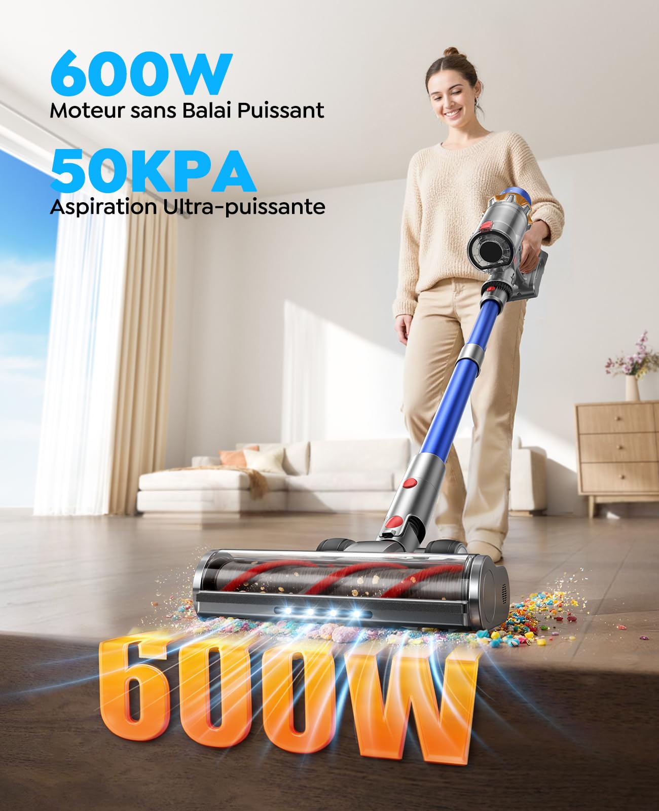 Fieety Aspirateur Balai sans Fil avec 2 Batteries, 130Min/50kPa/600W Aspirateur sans Fil Puissant, Tuyau Extensible, Brosse Canapé, Parfumé, Mode Automatique pour Sols Durs, Tapis, Animaux et Voiture