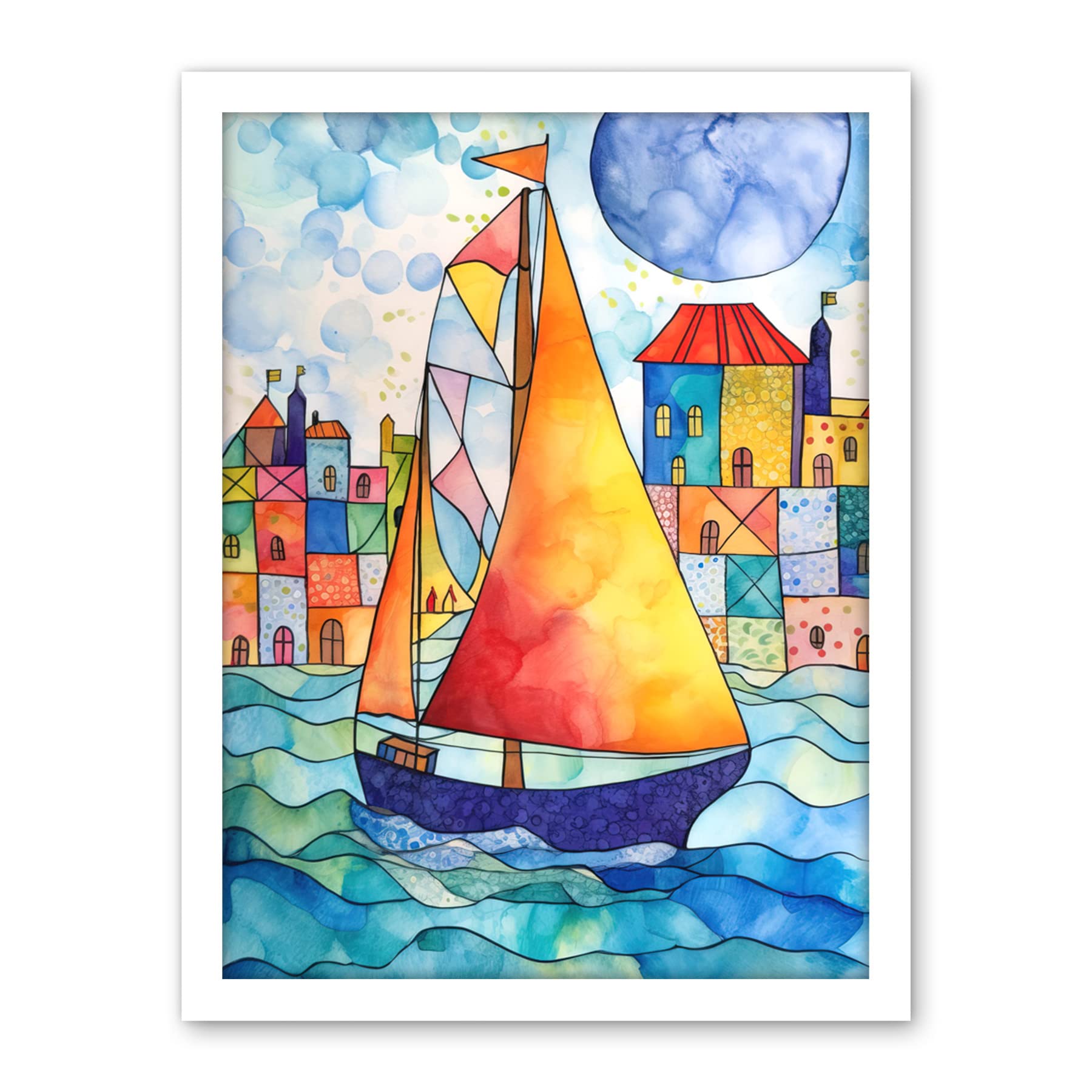 Artery8 Sailboat By Harbour Folk Art Artwork Framed Wall Art Print 18X24 Inch