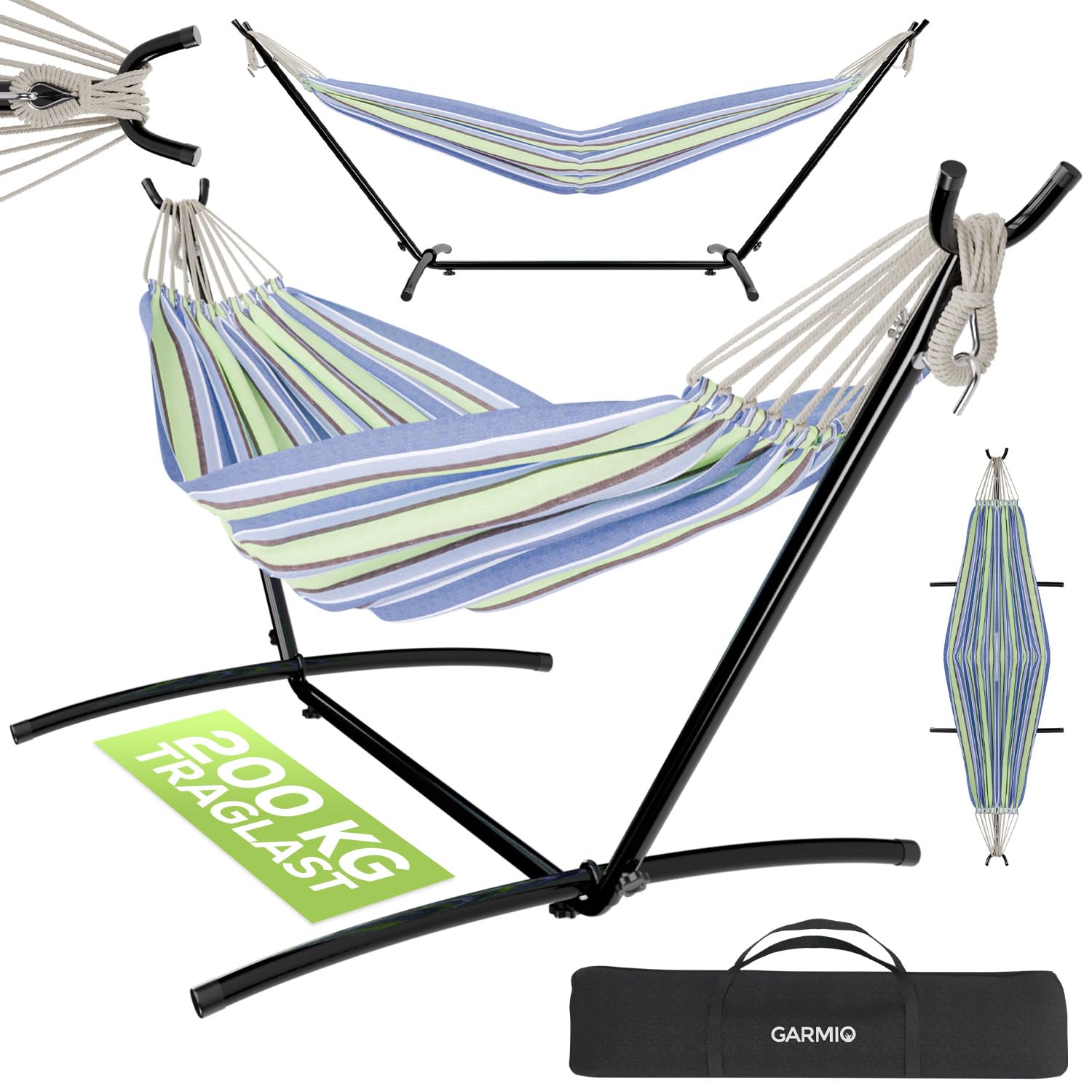 GARMIO® Hängematte Stahlrohrgestell 270 x 110 x 105 cm, 200 kg Tragkraft, wetterfest, klappbar, inkl. Zubehör & Transporttasche