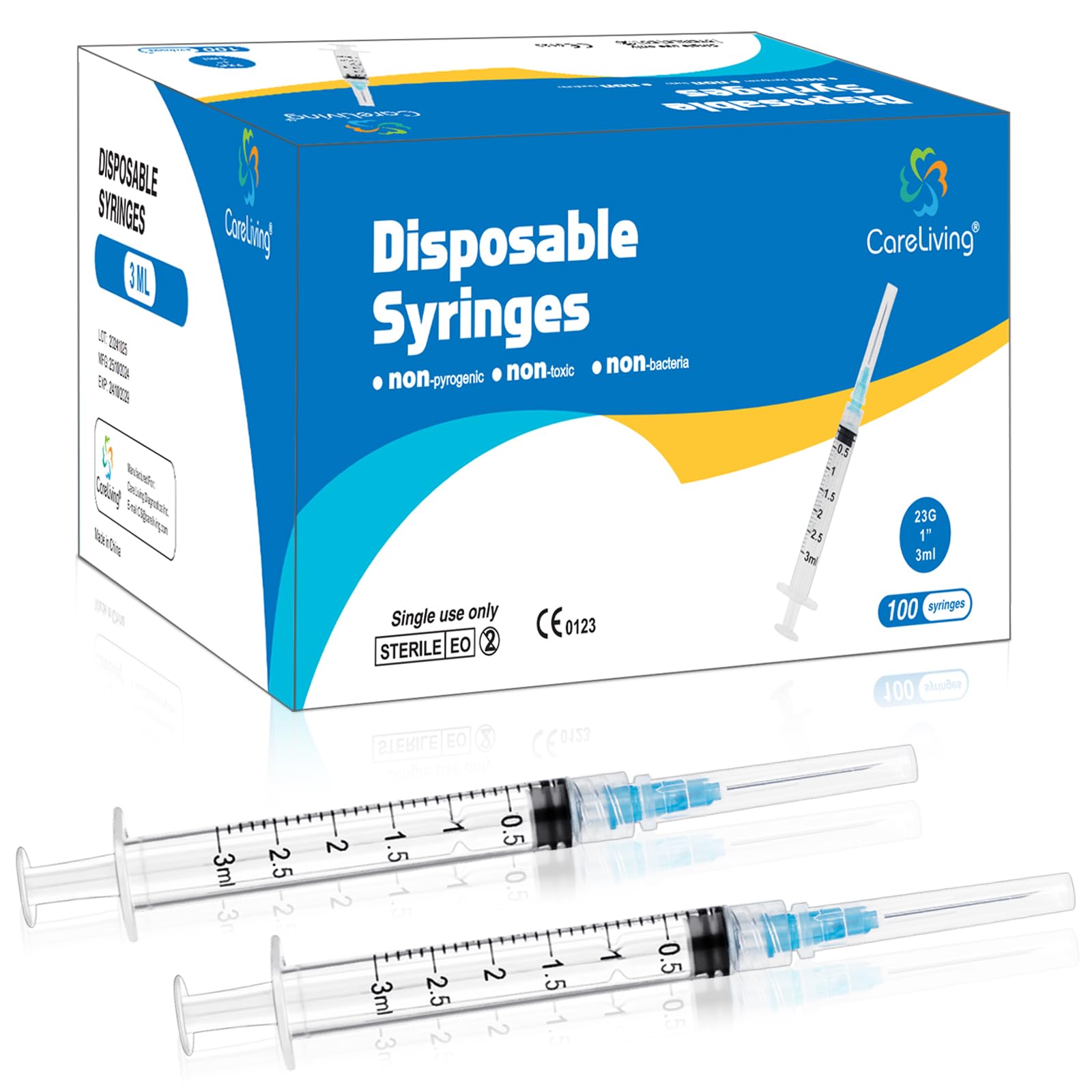CareLiving 100 Pack 3ml Syringes 23G, 1.0 inch Needle Luer Lock Syringe Individually Packaged (3ml, 100)