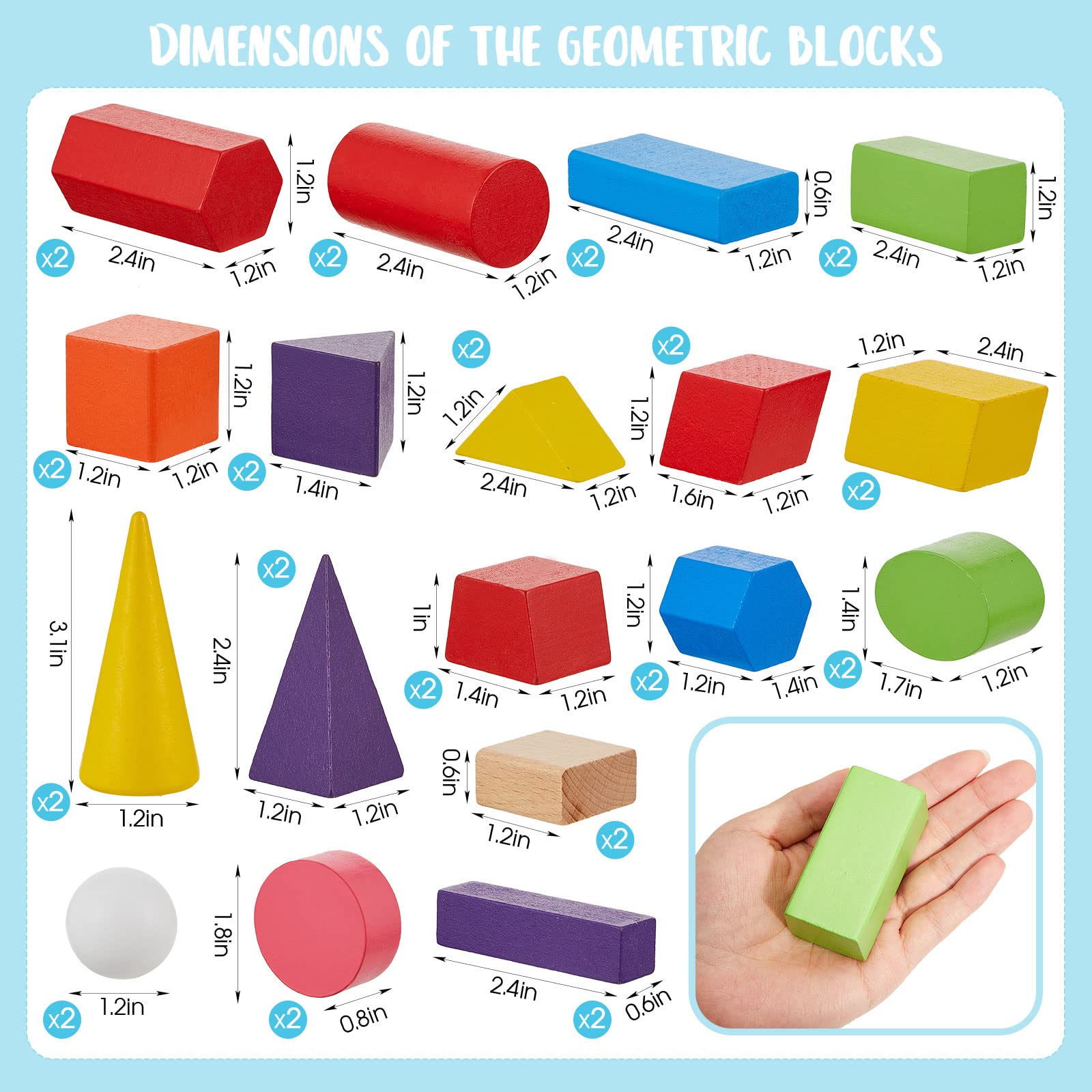 18 piezas grandes formas 3D para enseñar matemáticas manipulativos geométricos sólidos bloques de juguetes de aprendizaje Montessori Bloques sólidos para preescolar, primaria, jardín de 2