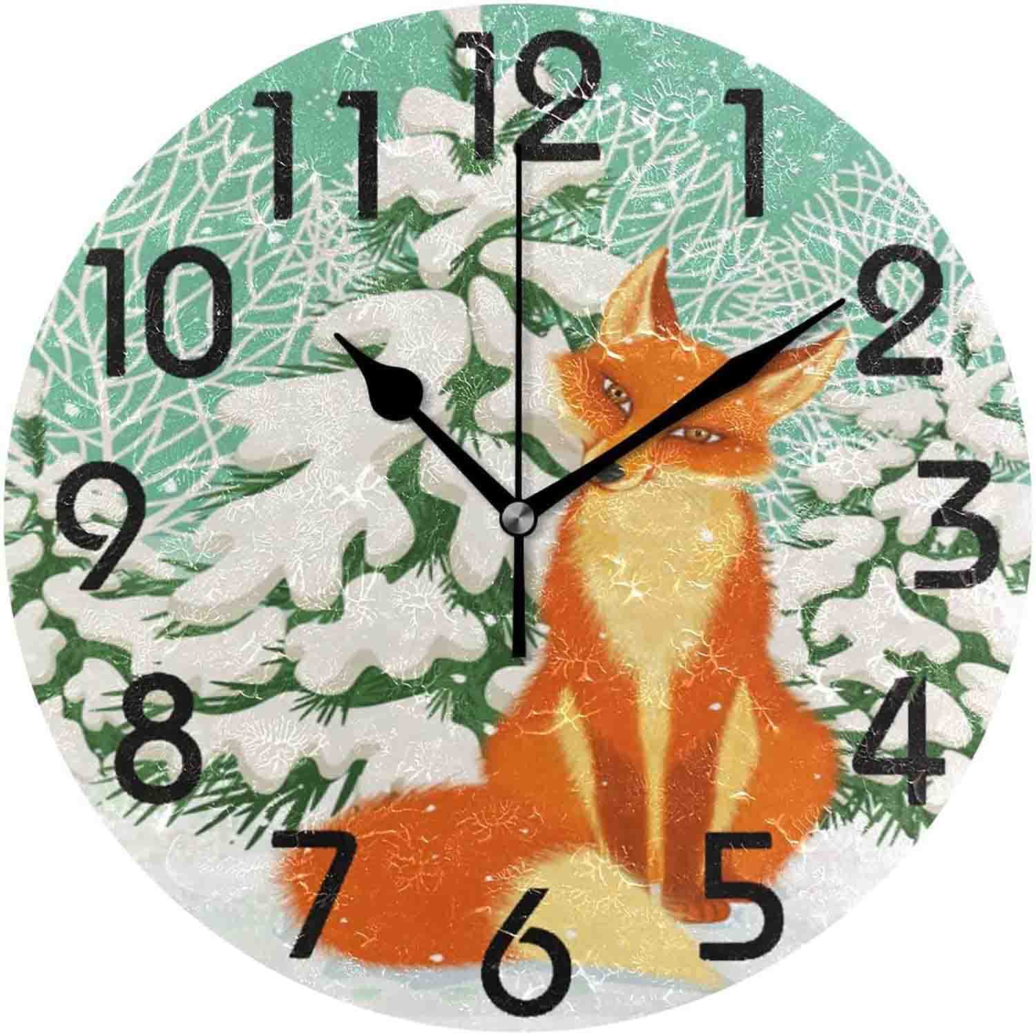 Fueiscy10 inch Quartz Battery Operated Wall Clocks for Living Room Kitchen Home,Stylish Winter Forest Red Fox