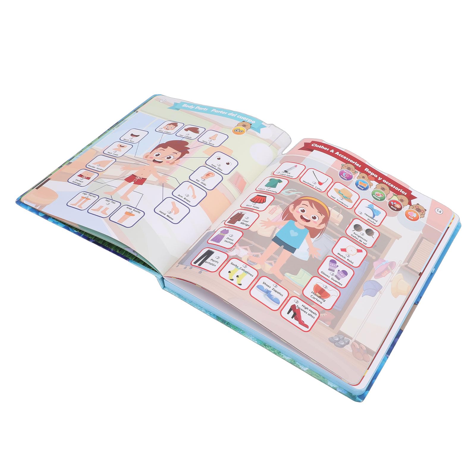 Bewinner Libro de Sonido Bilingüe Español Inglés Herramienta de Aprendizaje Interactivo para Niños 29x25cm para Educación Temprana