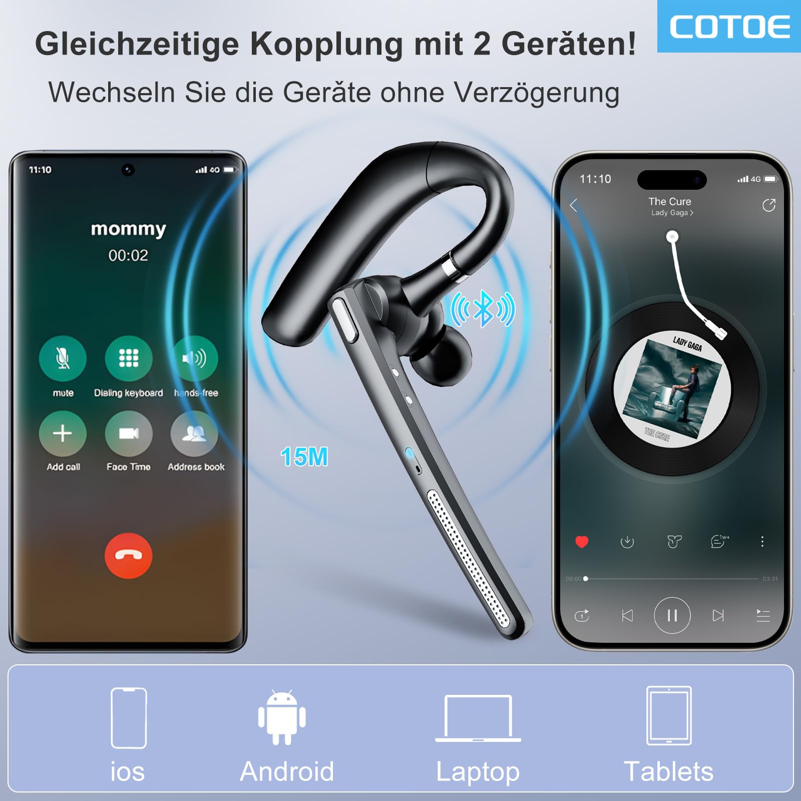 COTOE Bluetooth Headset V5.3 Kabelloser Ohrhörer mit 500 mAh Ladehülle Geräuschunterdrückung Mikrofon Schwarz