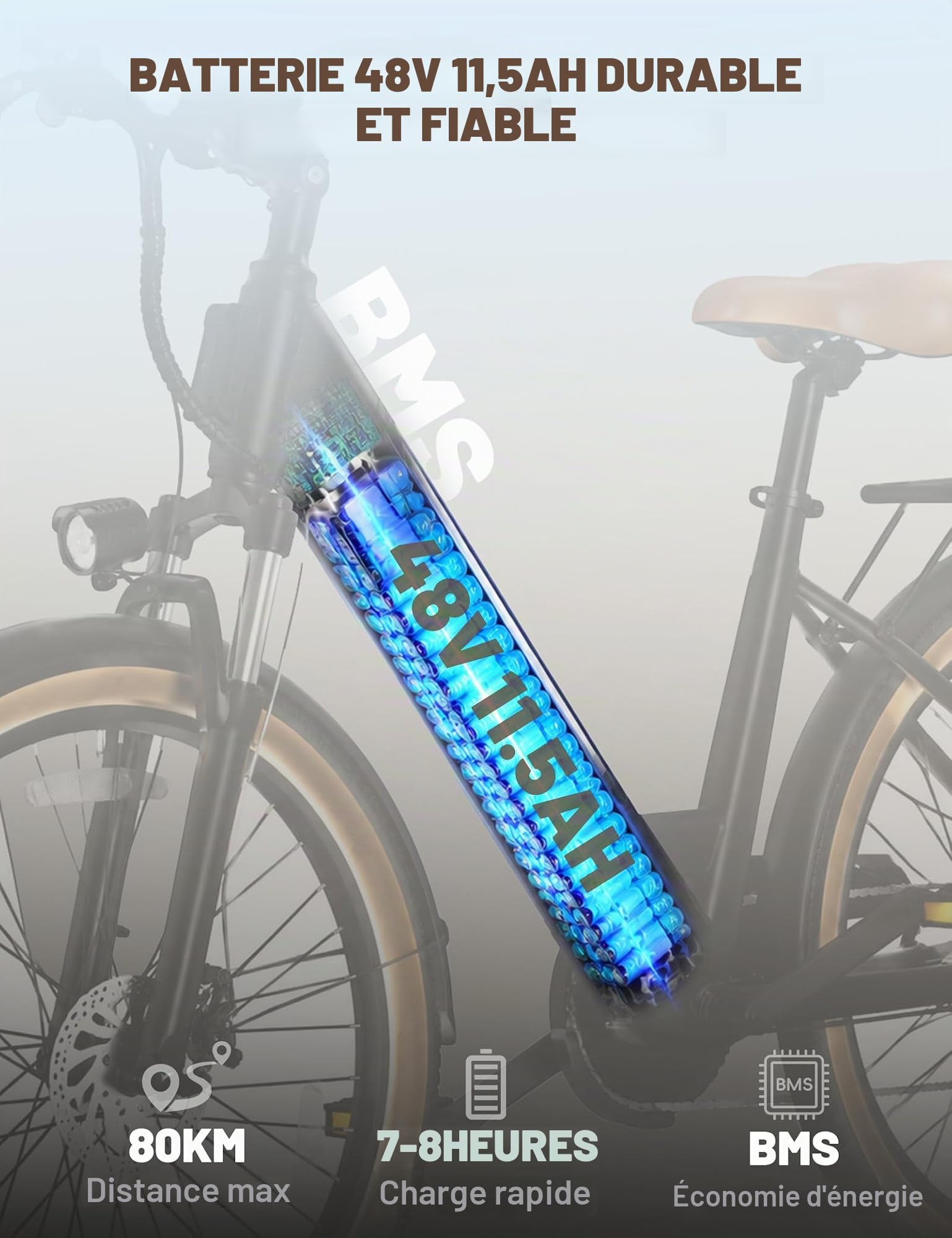 HEADEER BD26195 Velo Eletrique 26" pour Adultes, Batterie Amovible 48V 11.5Ah, Autonomie 80KM, Ebike Urbain avec Écran Couleur, 7 Vitesses et Fourche Suspendue avec Verrouillage, pour Hommes & Femmes