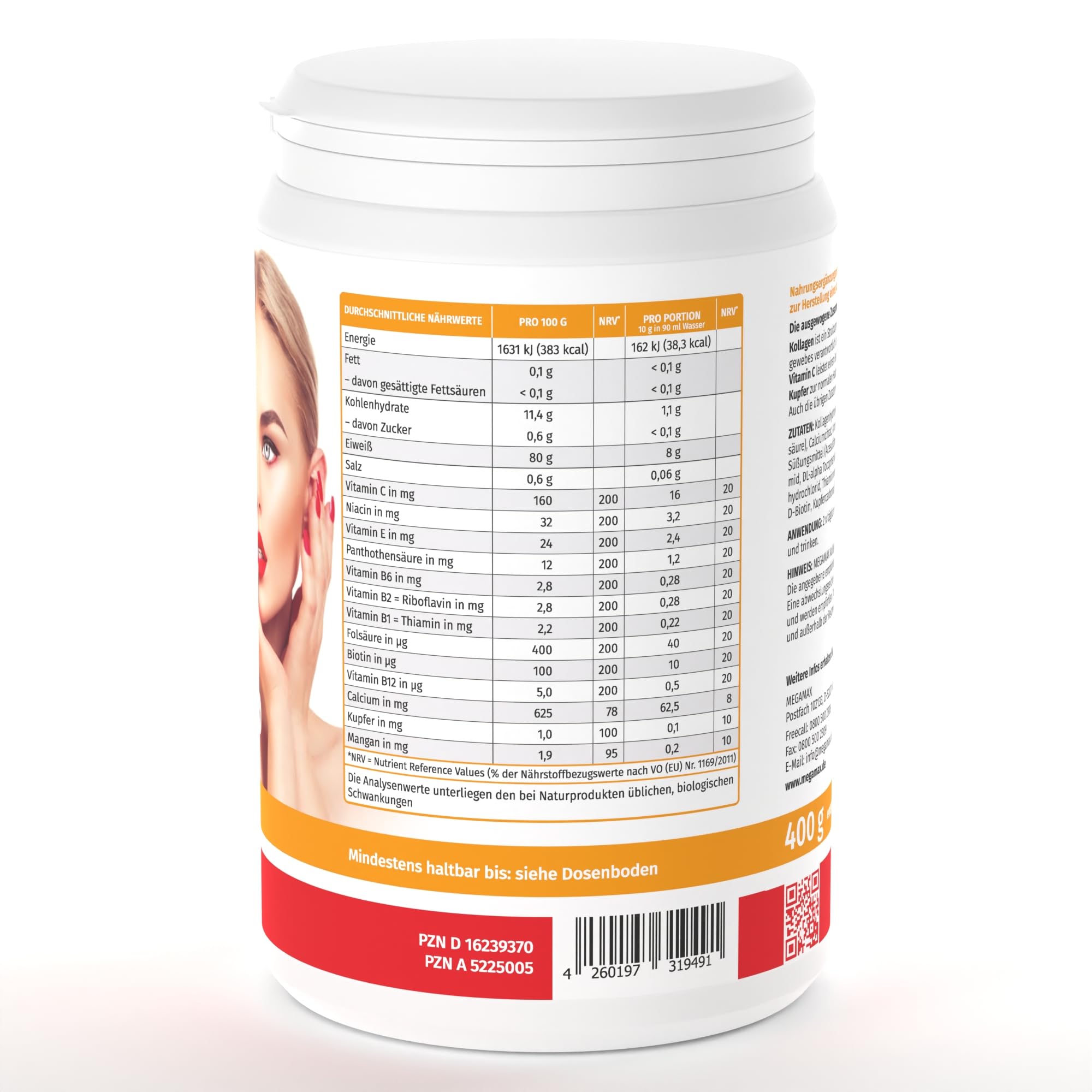 Megamax Nutrition - 3 X 400 g - Beauty Kollagen Pulver - mit Collagen-Hydrolysat Biotin Vitamin C. Orangen-Geschmack. Ideal als tägliche Ergänzung für Haut, Haare und Nägel*.