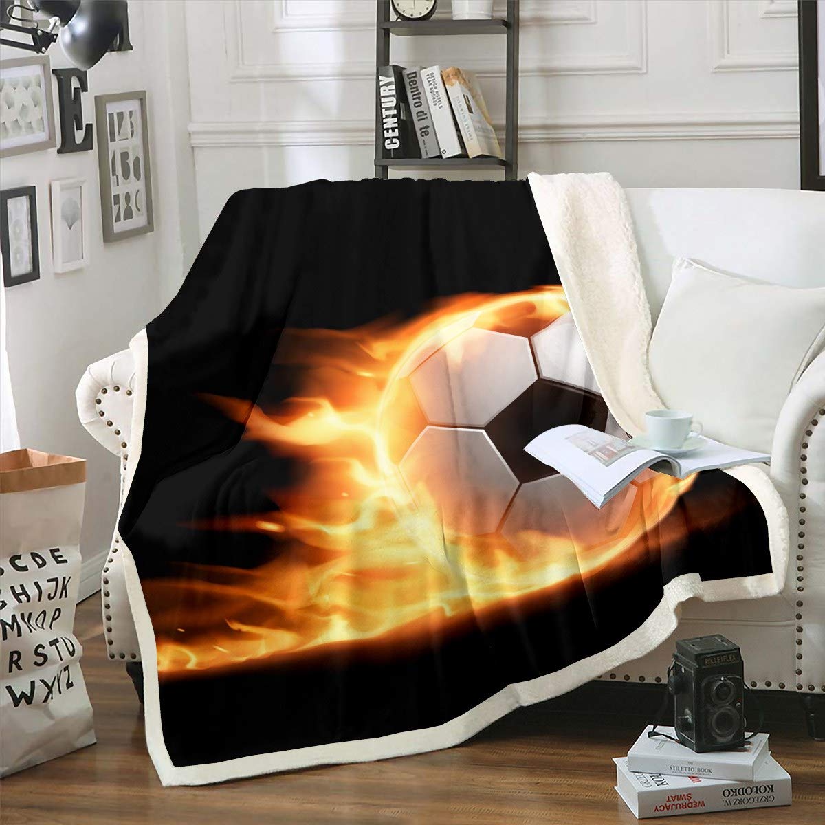 Loussiesd Sports Football Soccer Ball Pattern Sherpa Blanket for Kids Boys 3D Football Print Fleece Throw Blanket Football Match for Sofa Bed Couch King 87x94 Inch — image 1