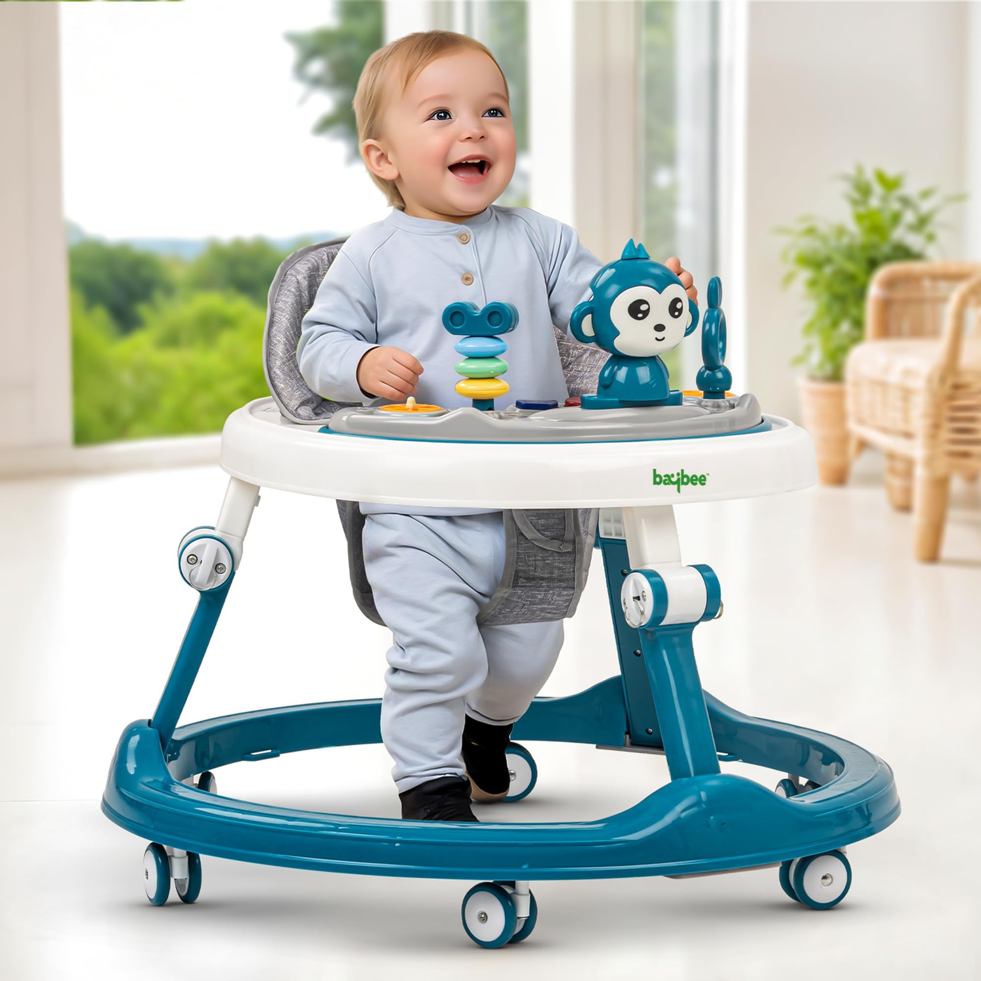 Baybee Drono Baby Walker for Kids with 4-Level Height Adjustment, Foldable Design, Food Tray & Musical Toy Bar | Round Activity Walker for Babies 6–18 Months (Blue)