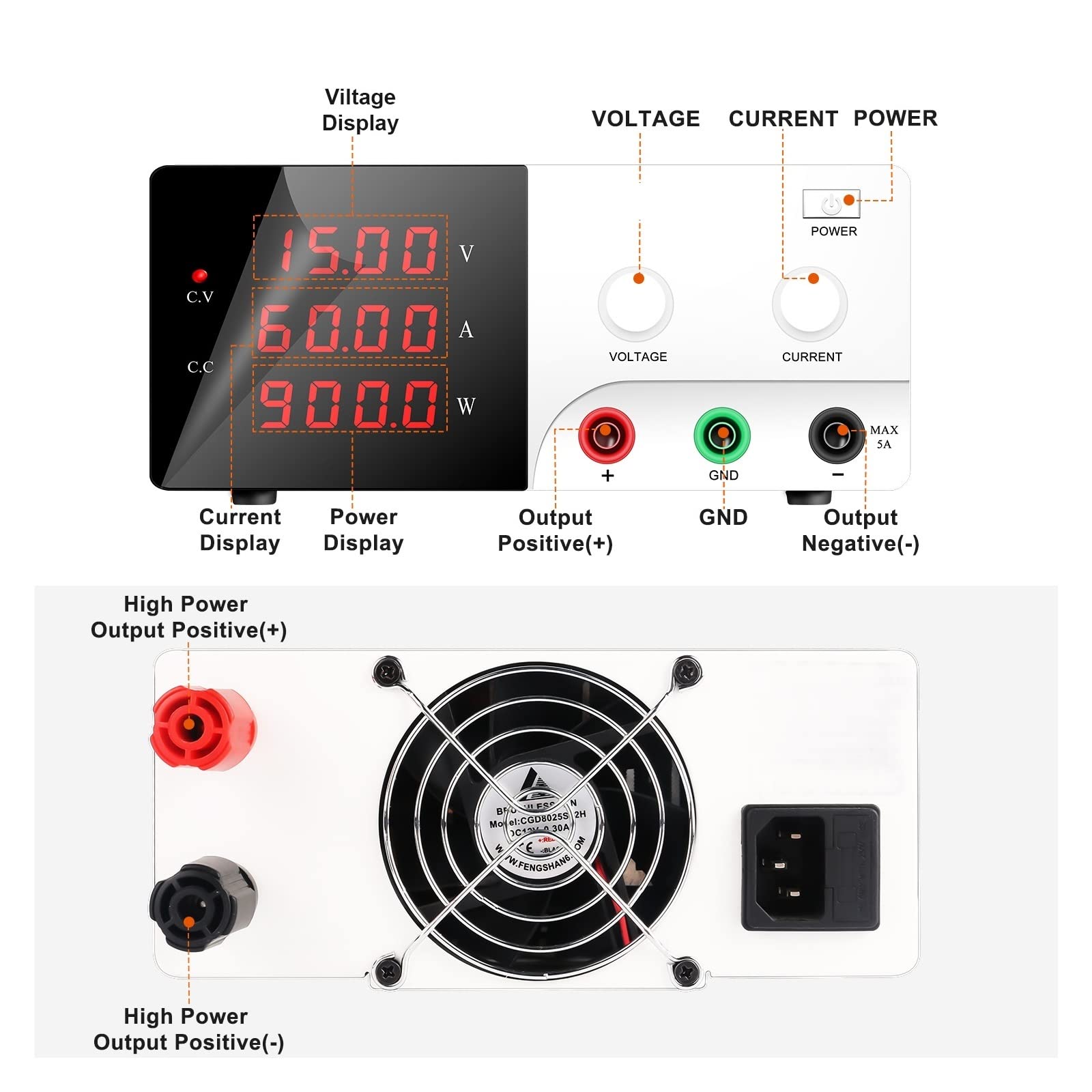 Alimentatore da Banco, 15V 60A 900W Alta Precisione Regolabile LED Commutazione Alimentatore CC Laboratorio 30V 30A 20A 100V 5A(Noir,15V 60A)