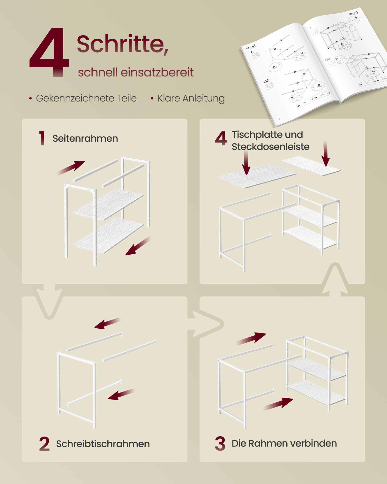 VASAGLE Eckschreibtisch in L-Form, Computertisch mit Stauraum, Bürotisch, höhenverstellbare Ablage, für Homeoffice, 110 x 80 cm, ahornweiß LWD135WF01