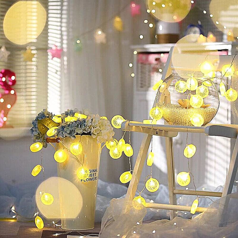 Filo di luci decorative a forma di frutta a LED a batteria, 6 m, 40 luci, fette di lime, confezione da 5 m, giallo limone