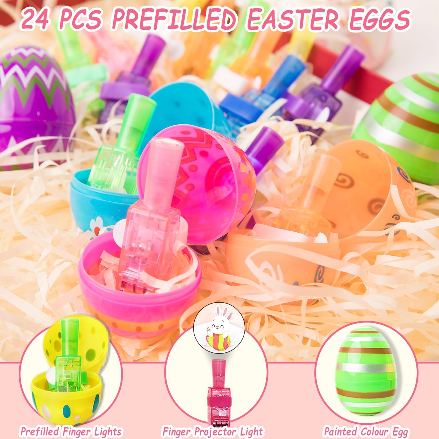 TMLDOT 12 Pack Easter Eggs Finger Lights - Plastic Easter Eggs Prefilled with Finger Lights for Easter Basket Stuffers, Basket Stuffer for Easter Egg Hunt Filler Party Favors